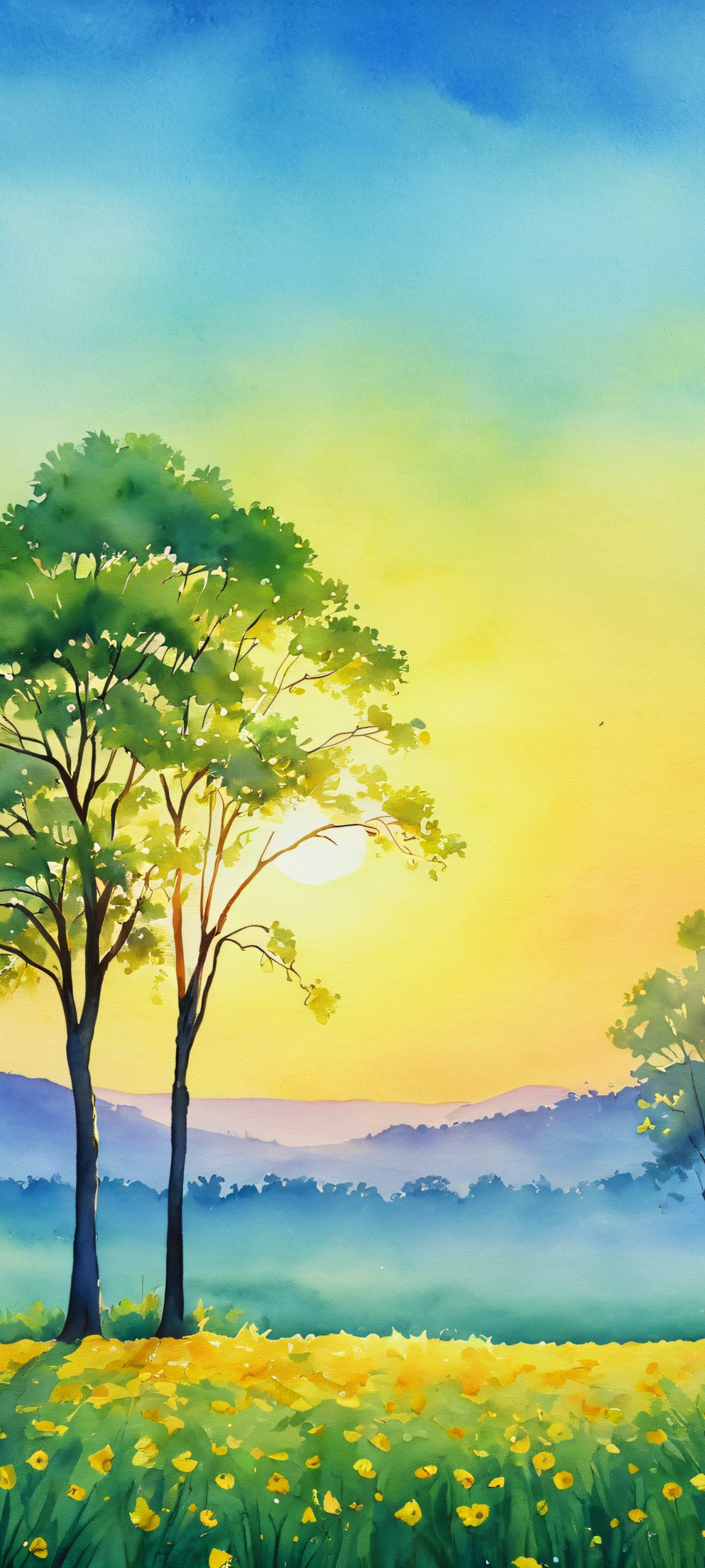 Breathtaking vertical wallpaper of trees, field, and twilight, perfectly optimized for iPhone/Android home screens.