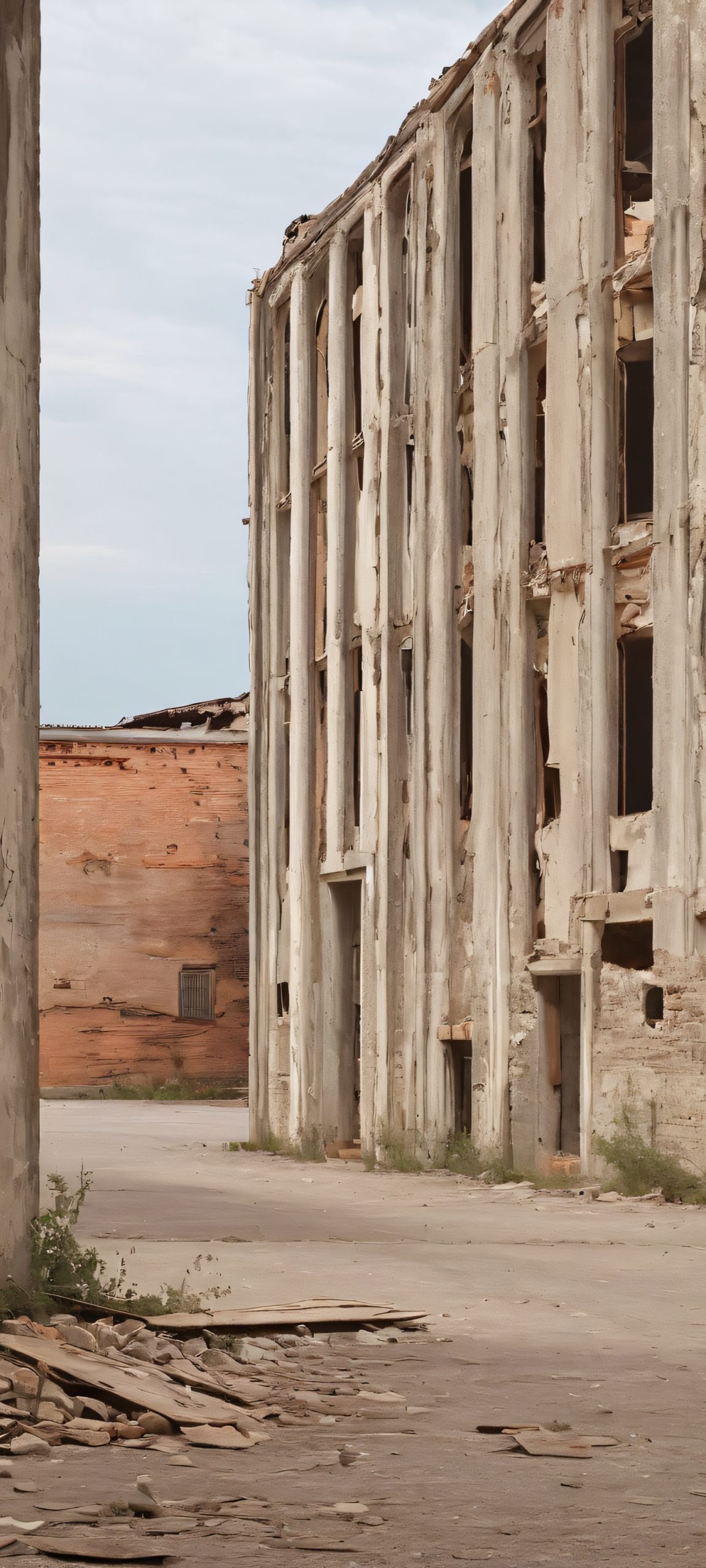 A moody, sidlit abandoned building iPhone and Android wallpaper featuring gray, brown, and beige tones, perfect for your phone's home screen.