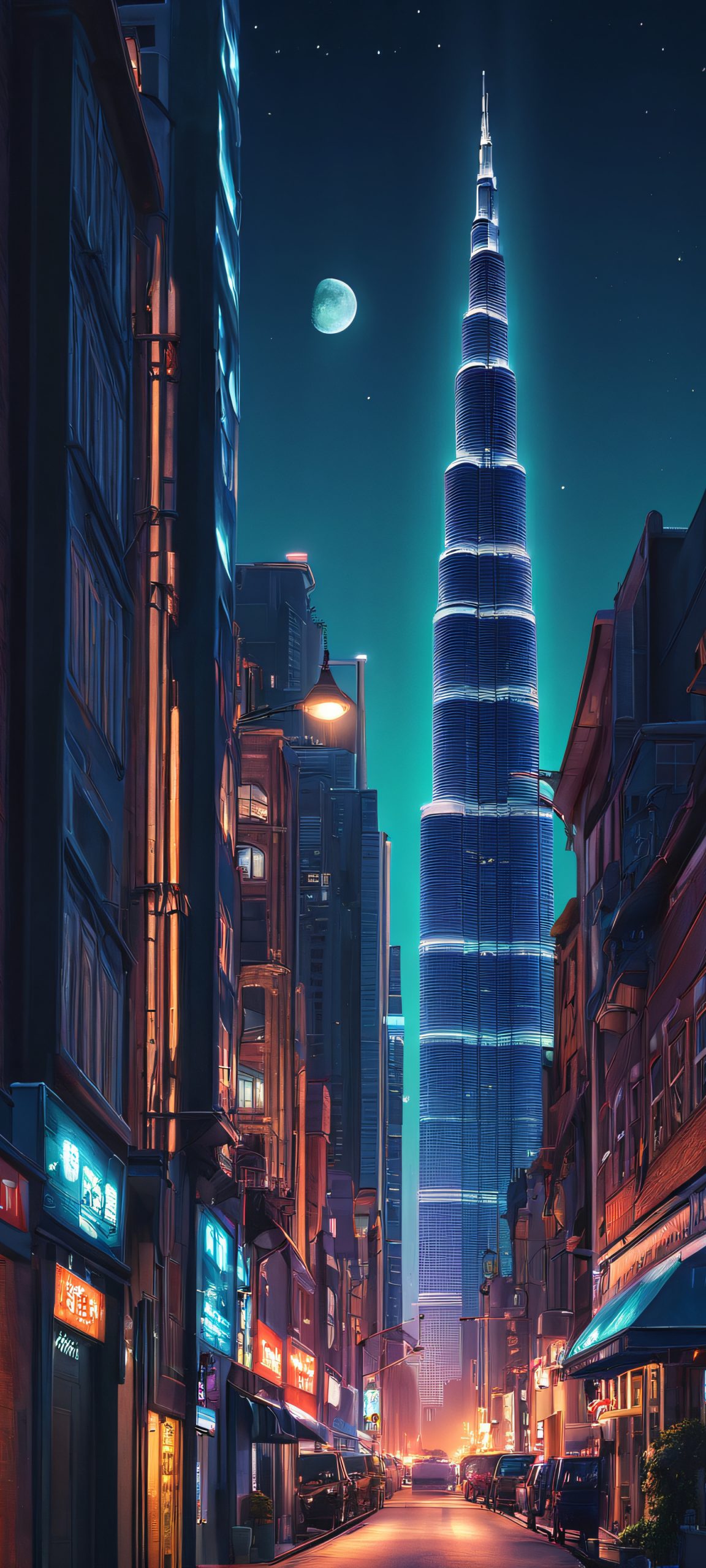 Urban cityscape at night, perfectly optimized for iPhone, Samsung Galaxy, and Android home screens, with a beautiful blend of blues and purples.