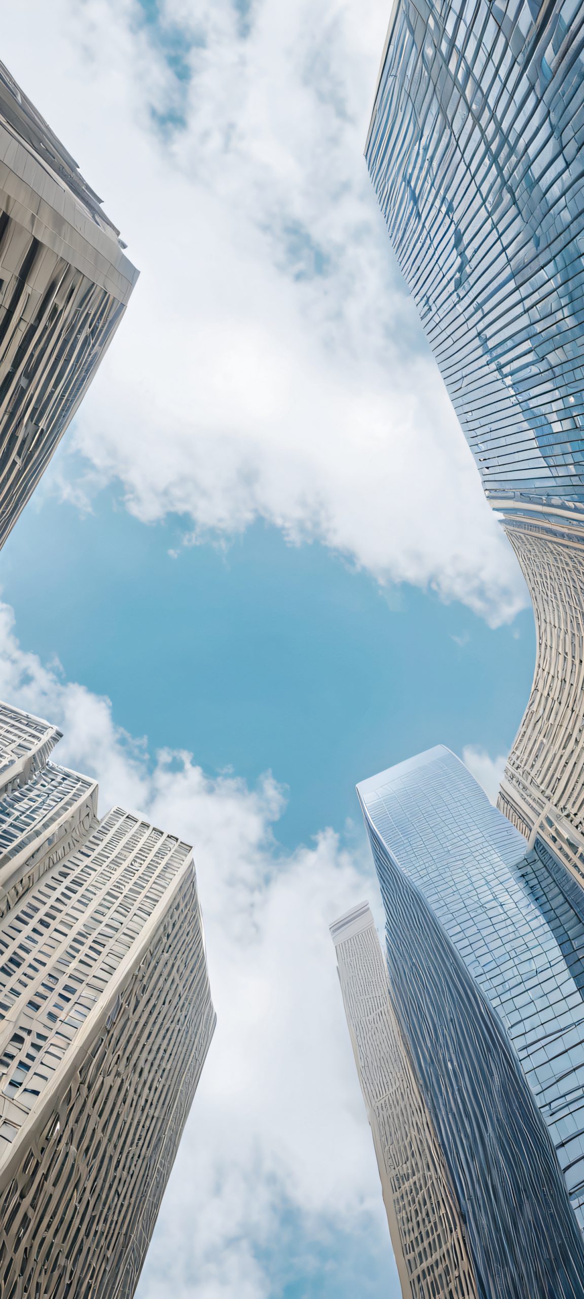 iPhone and Android users can enhance their mobile experience with this breathtaking vertical cityscape wallpaper, featuring minimalist skyscrapers under an overcast sky.