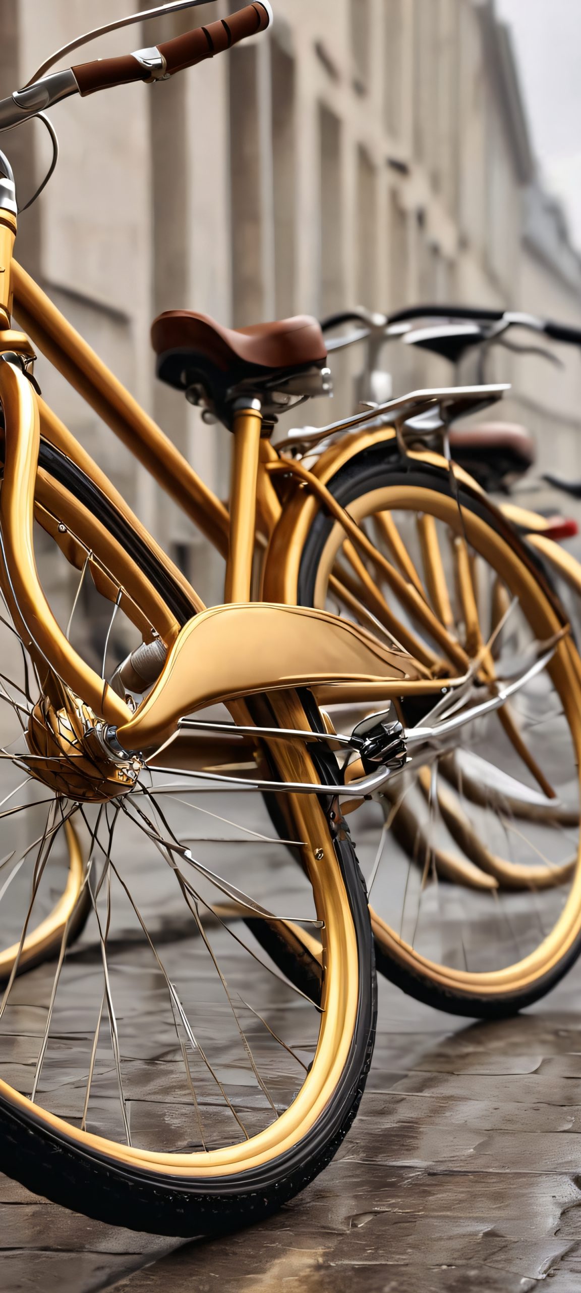 A serene urban landscape featuring a row of bicycles under a grey overcast sky, perfectly suited for your iPhone or Android home screen.