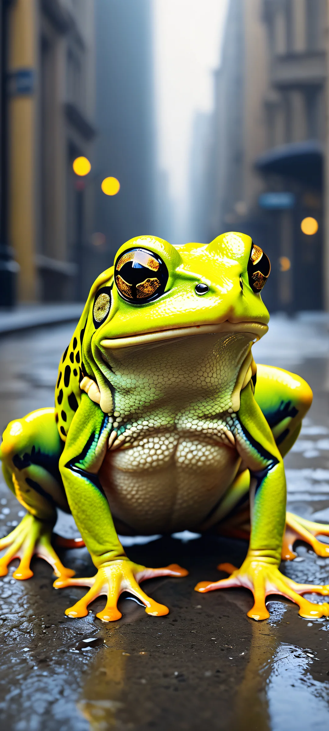A vibrant yellow frog perched on a sleek black cityscape, perfect for iPhone or Android home screens.