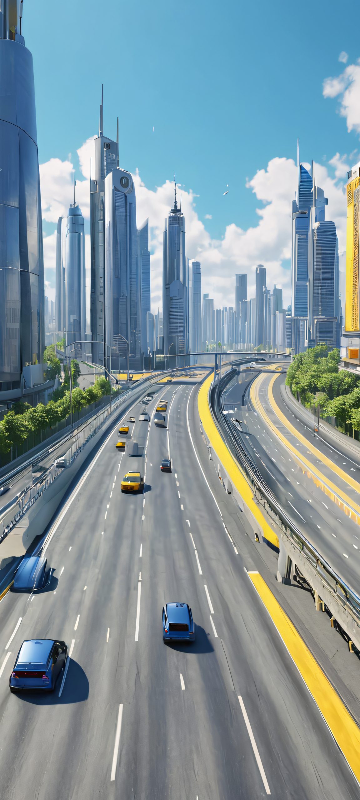 Urban Highway Oasis QHD Smartphone Background A stunning cityscape highway scene at daylight, perfectly optimized for iPhone/Android home screens