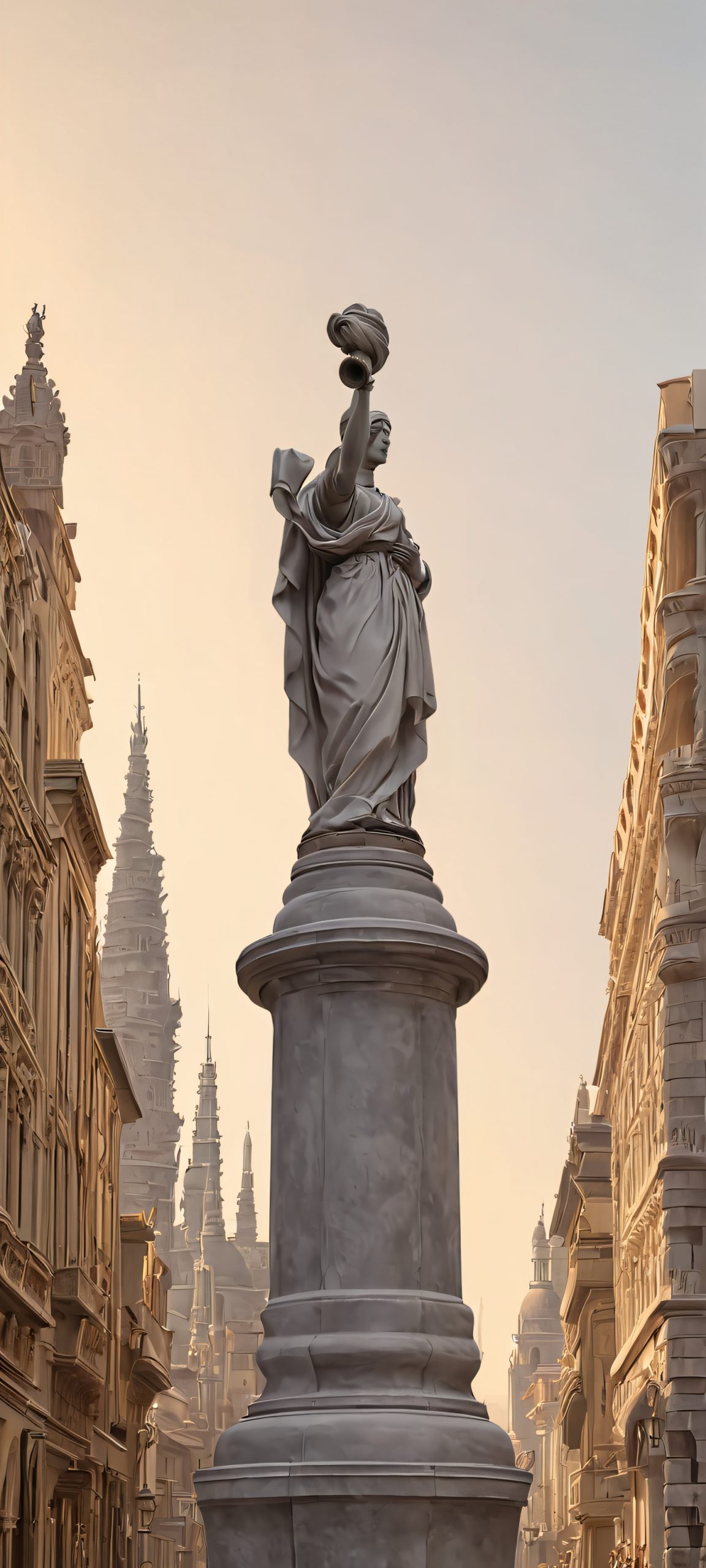 Urban Masterpiece Aesthetic Phone Wallpaper Statues in a stunning cityscape, perfectly optimized for iPhone and Android devices