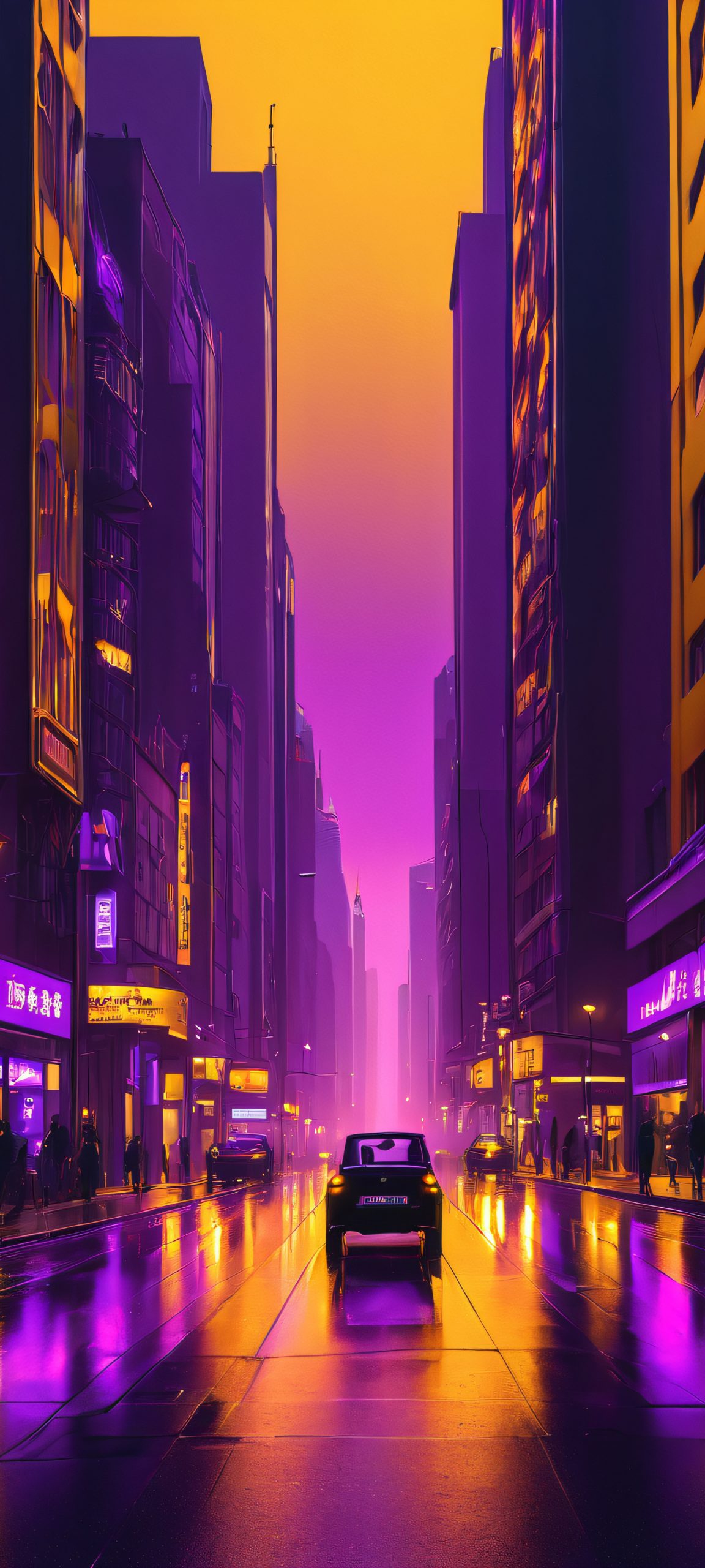 iPhone and Android wallpaper featuring urban cityscapes with deep yellow, rich purple, and black hues, perfect for a moody night glow