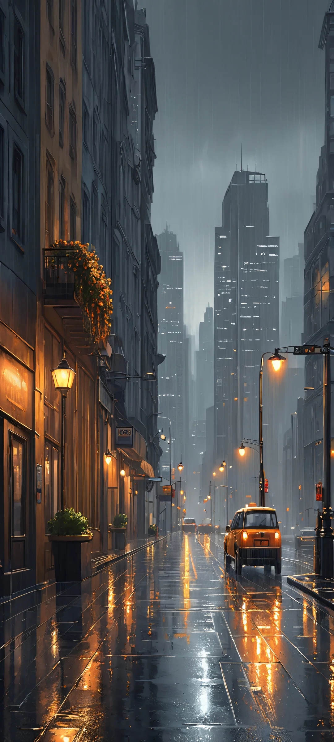 A dramatic cityscape on a rainy day, perfectly optimized for iPhone and Android home screens.