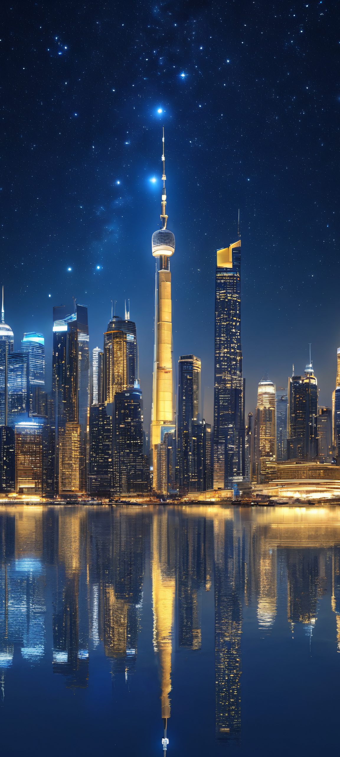 Stunning vertical nighttime cityscape for iPhone and Android devices, featuring a breathtaking city skyline with stars and a hint of blue, gray, and gold hues.