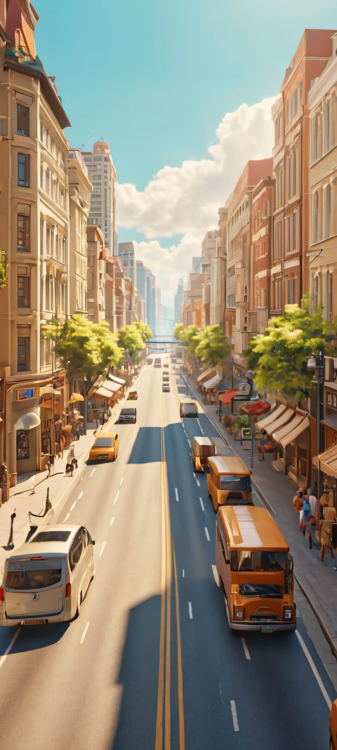 Discover the vibrant energy of city life on your iPhone or Android, with this stunning daytime street scene featuring natural earth tones.