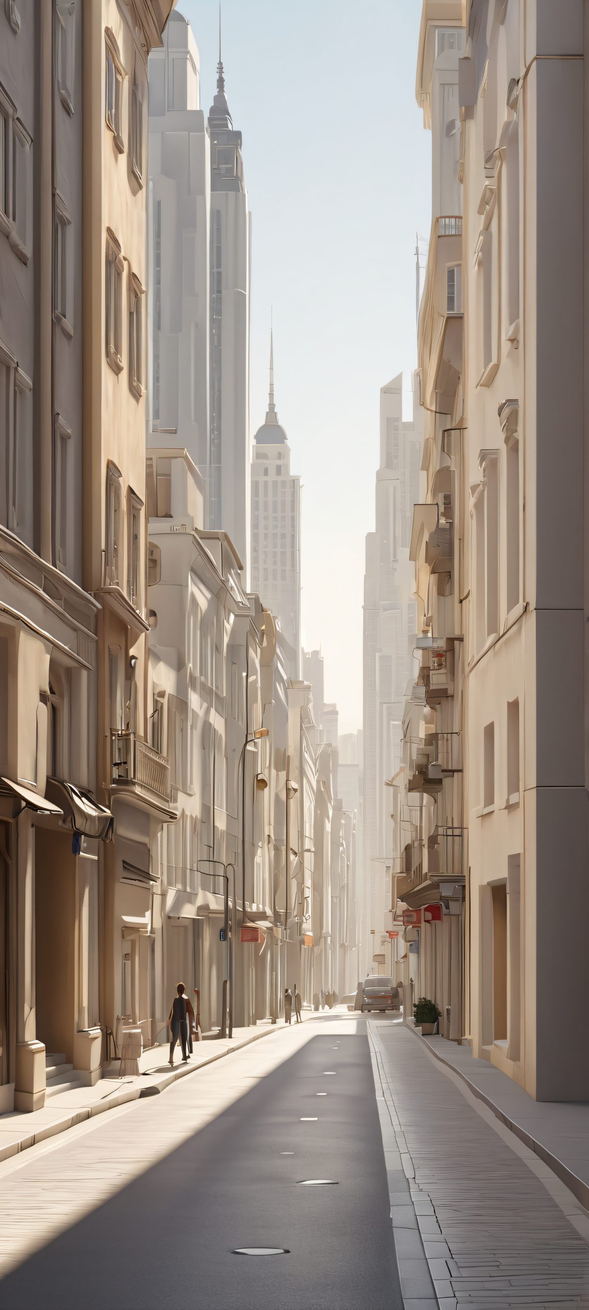 A serene cityscape with harsh shadows on a gray, beige, and white daytime street. Perfect for iPhone and Android devices.