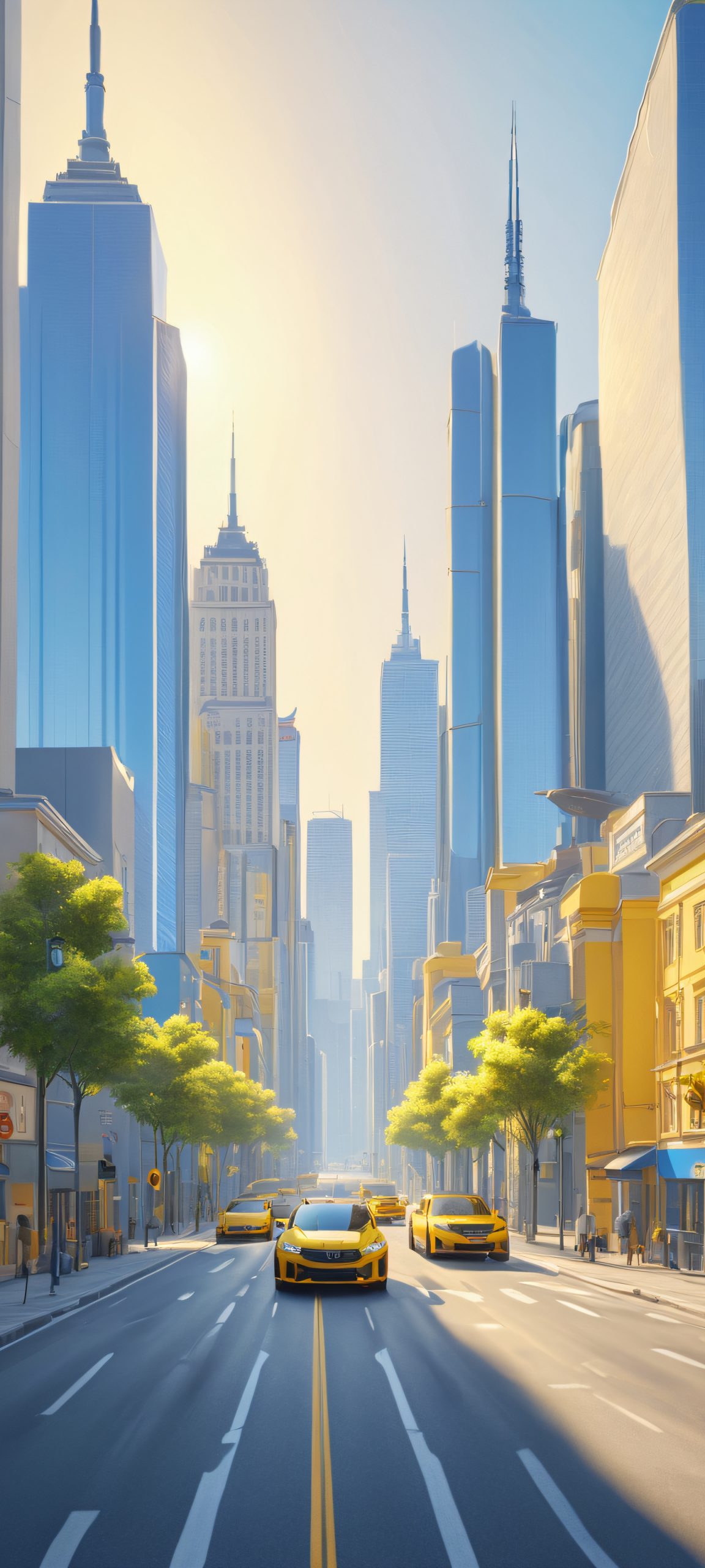 Beautiful daytime cityscape wallpaper, perfect for iPhone and Android home screens, featuring stunning gray, blue, and yellow hues