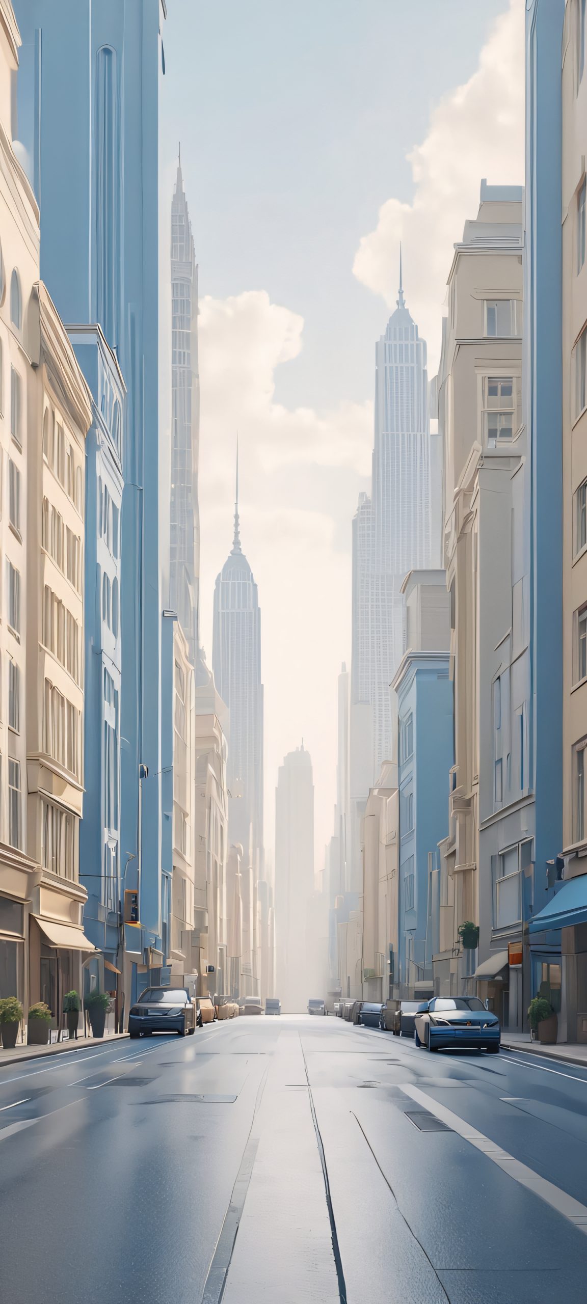 Beautiful daytime city street scene for iPhone and Android wallpapers, featuring soft overcast light and a blend of gray, beige, and blue hues.