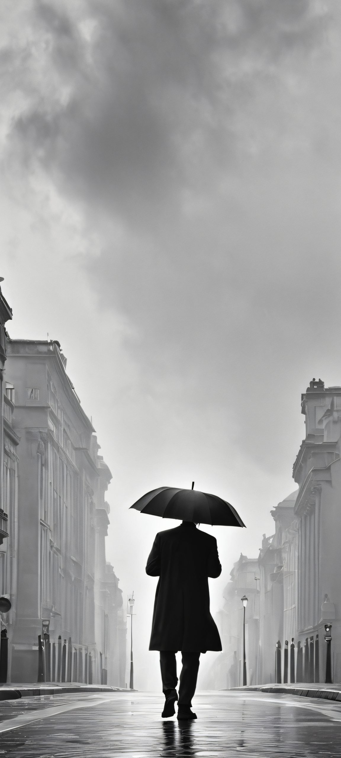 A serene overcast day scene featuring a man on a street, perfectly optimized for iPhone and Android home screens.