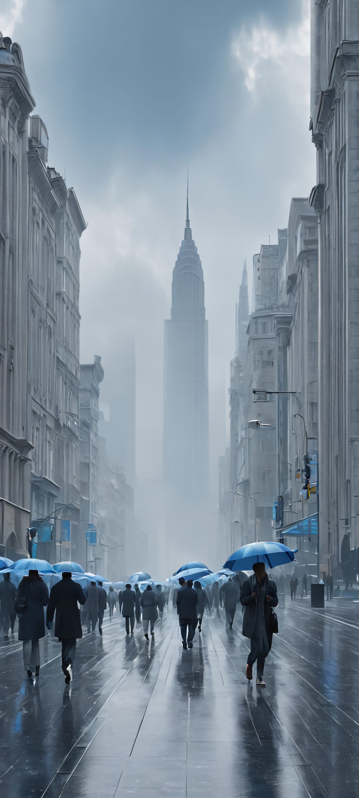 Urban Oasis 2K QHD Home Screen iPhone and Android users will love this realistic overcast cityscape featuring people amidst a stunning grey-blue urban landscape.