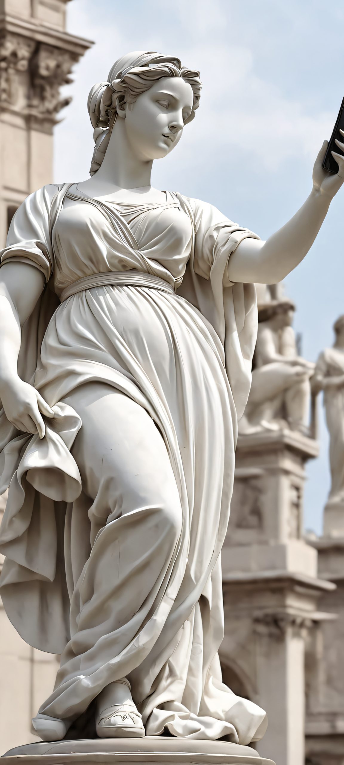 A serene statue set against a backdrop of urban skyscrapers, perfect for your iPhone or Android phone.