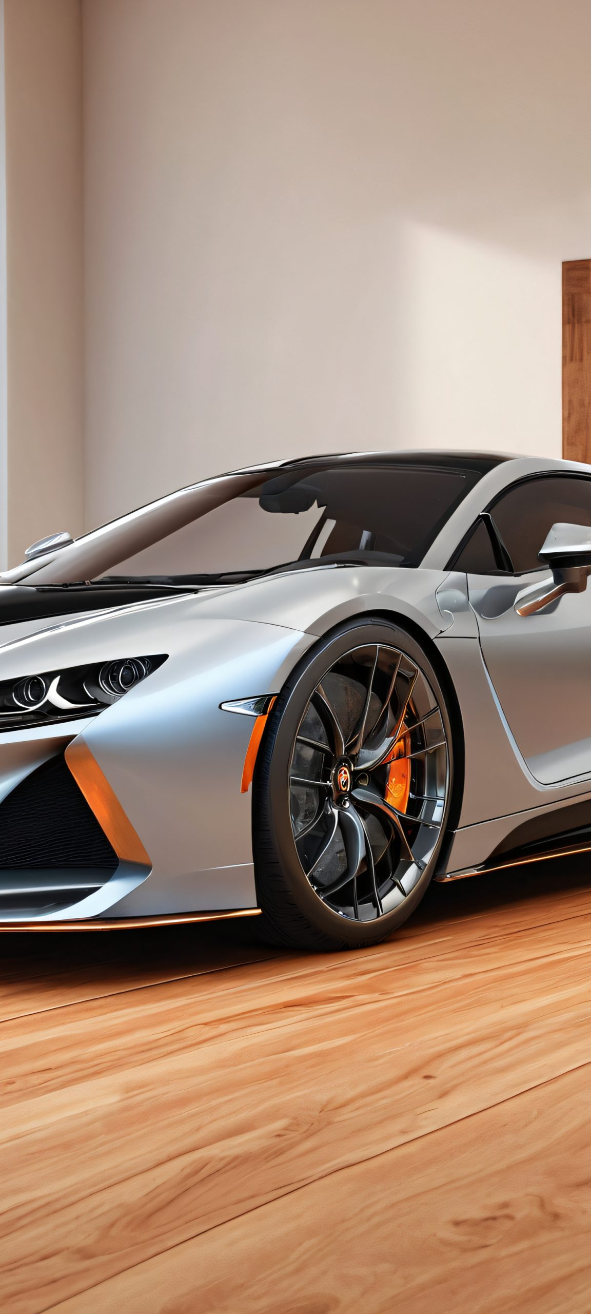 Indoor car scene with wooden and metallic elements on a gray background, perfect for iPhone and Android home screens