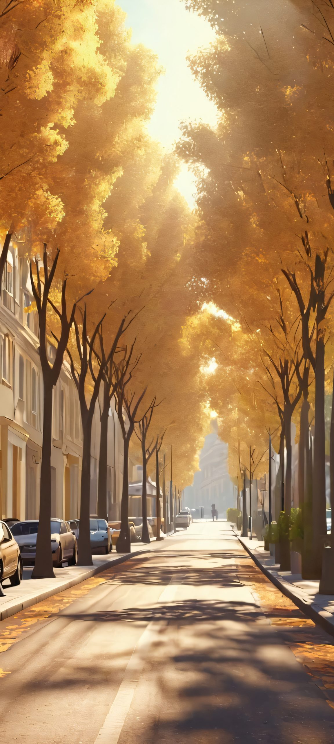 Serene walking street with tall trees and soft daylight, perfect for iPhone and Android