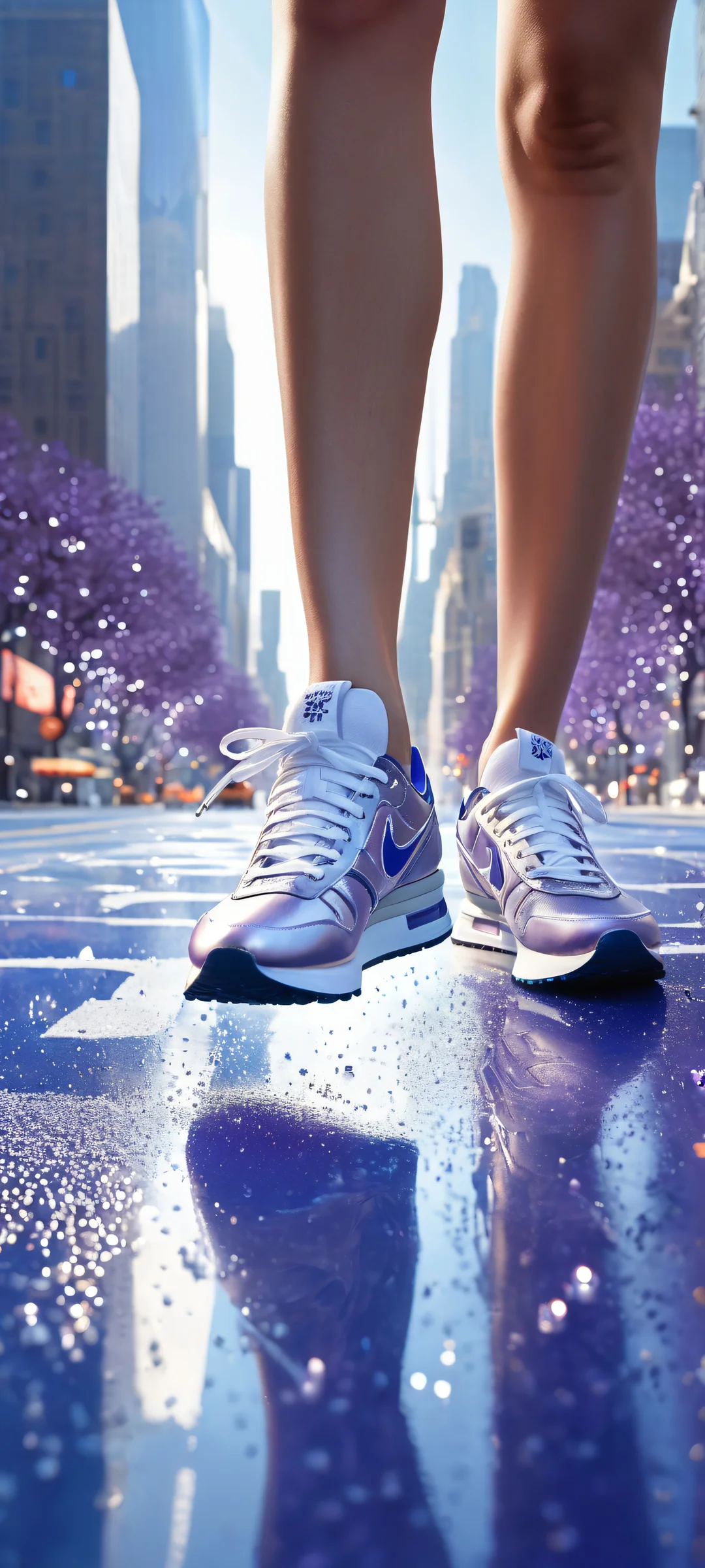 Urban Oasis iPhone & Android Wallpaper Mature female surrounded by falling shards of glass amidst a cityscape on an iPhone/Android device, with intricate micro-details and ethereal lighting.