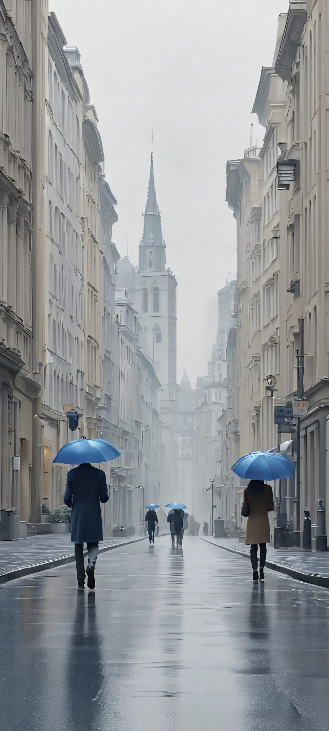 A serene urban street scene on a grey overcast day, perfectly optimized for iPhone and Android home screens.