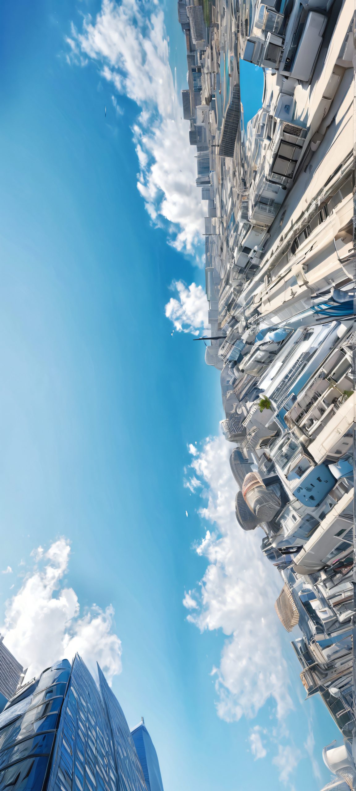 Urban Oasis 2K QHD Home Screen iPhone and Android users will love this breathtaking cityscape waterfront wallpaper with a mix of blue, gray, and white hues, perfectly optimized for their home screens.