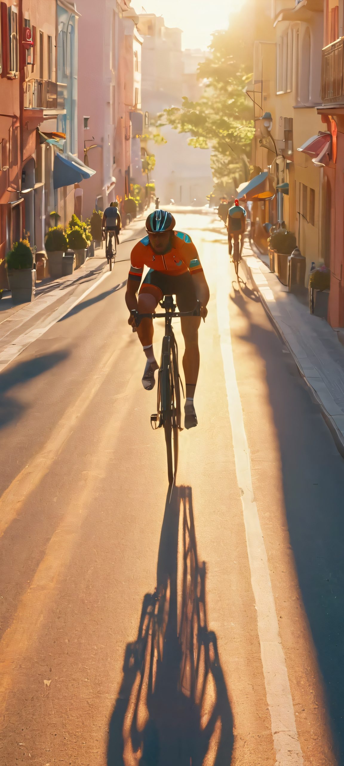 A cyclist glides through a vibrant city street on a sunny day, perfect for your iPhone or Android home screen.