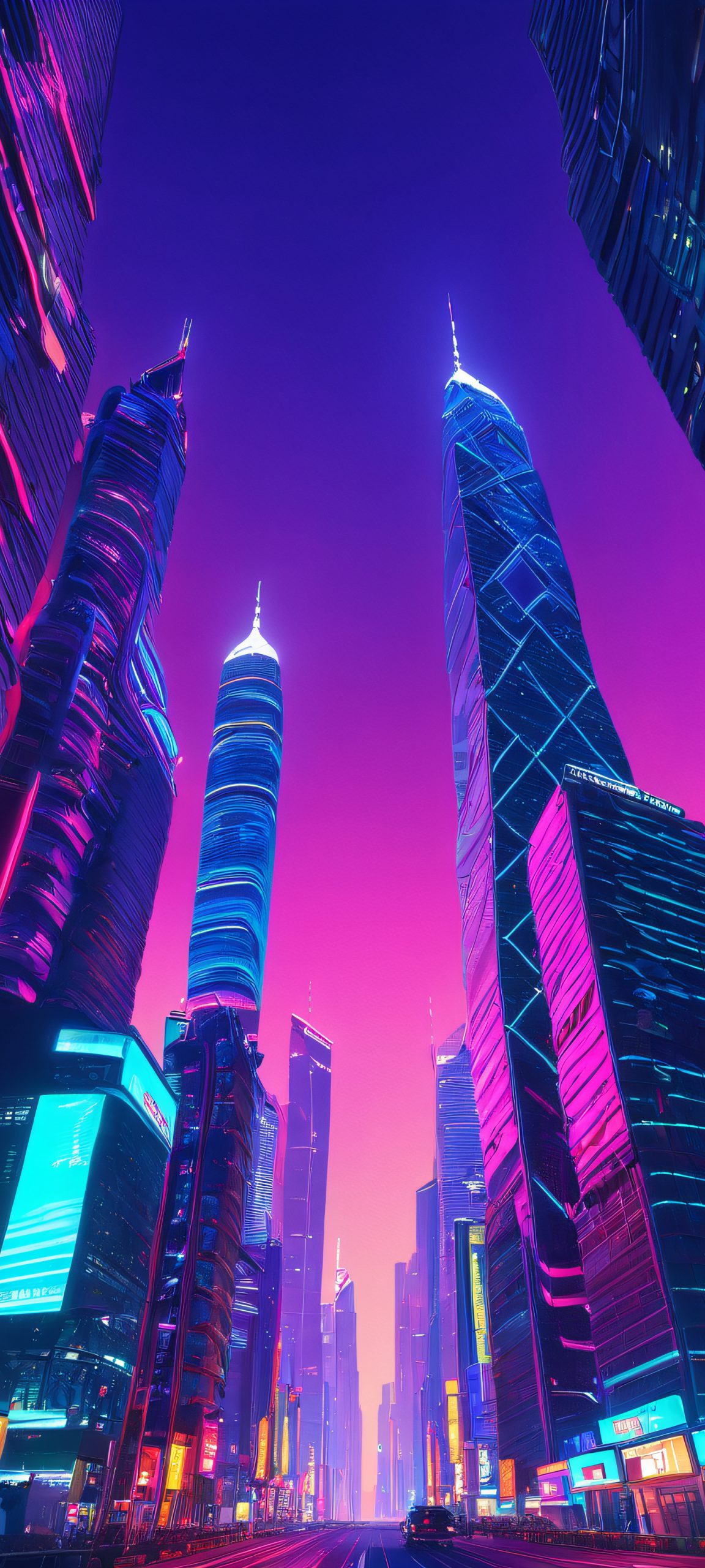 Elegant nighttime cityscape with towering skyscrapers, neon lights, and a surreal atmosphere, perfectly optimized for iPhone, Samsung Galaxy, and Android home screens.