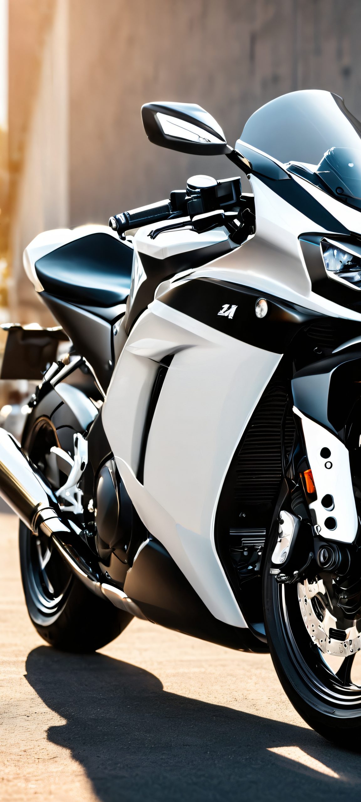 A stunning white and black motorcycle scene set against a vibrant urban backdrop, perfect for iPhone and Android devices
