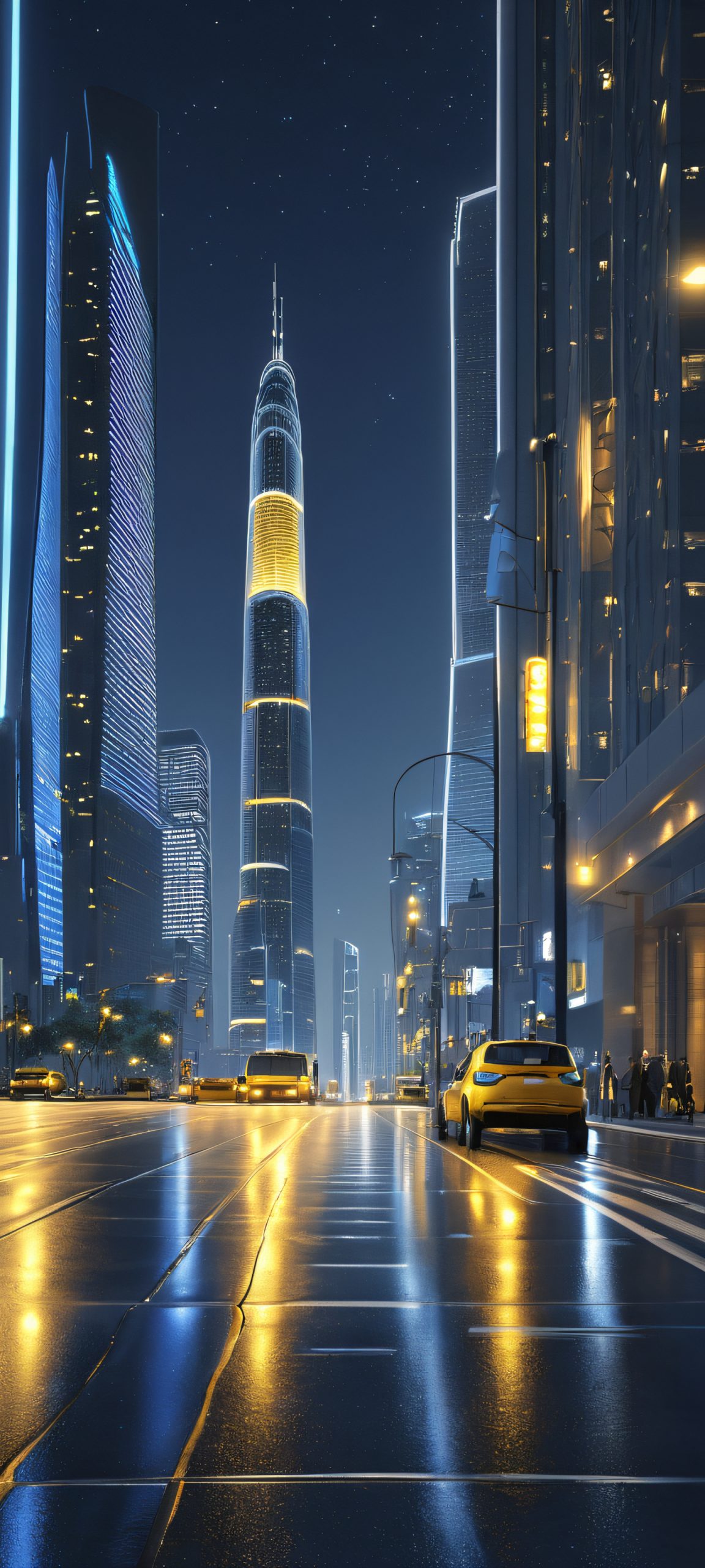 A stunning nighttime cityscape with skyscrapers and streetlights, perfectly suited for iPhone/Android home screens.