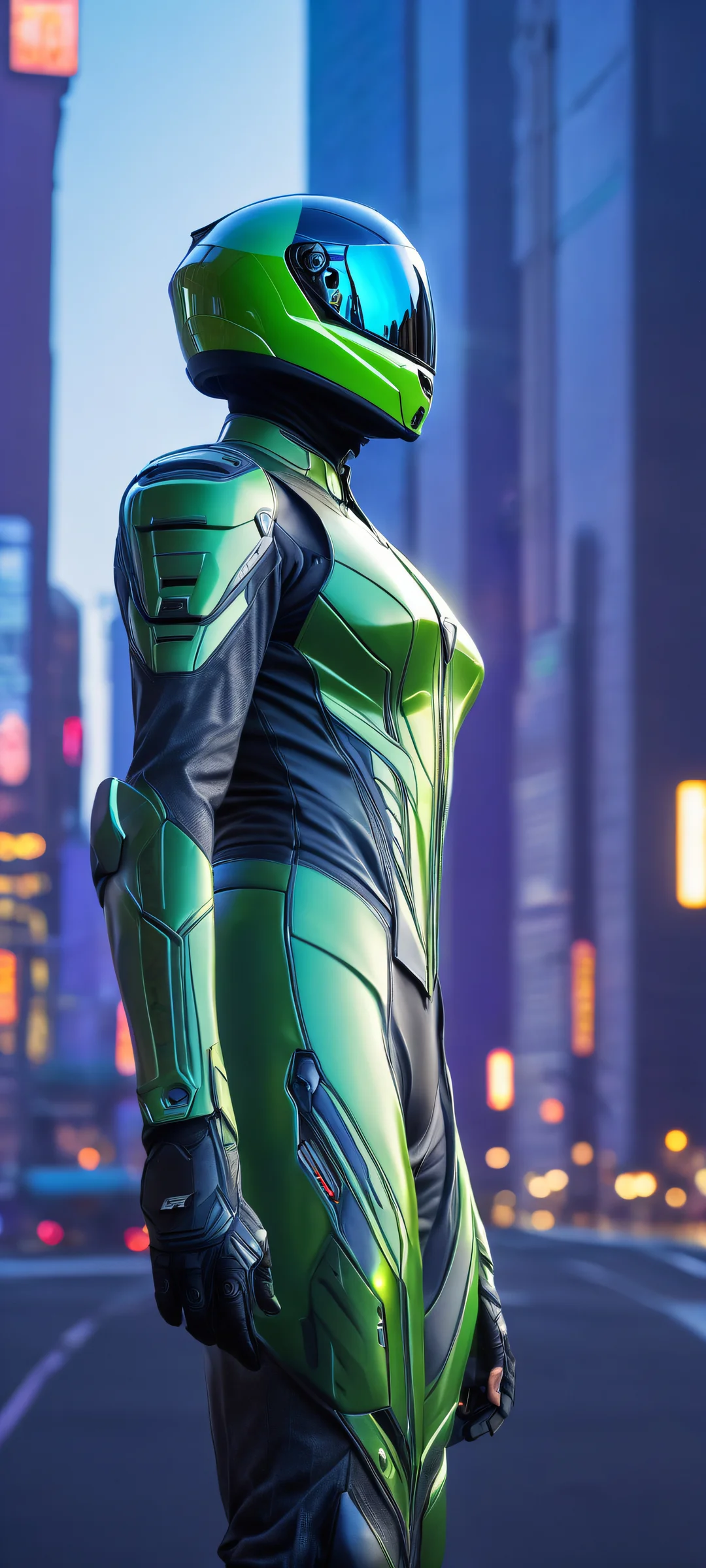 Breathtaking vertical portrait of V surrounded by futuristic cityscape and motorcycle visors. Perfectly optimized for iPhone, Samsung Galaxy, and Android home screens.