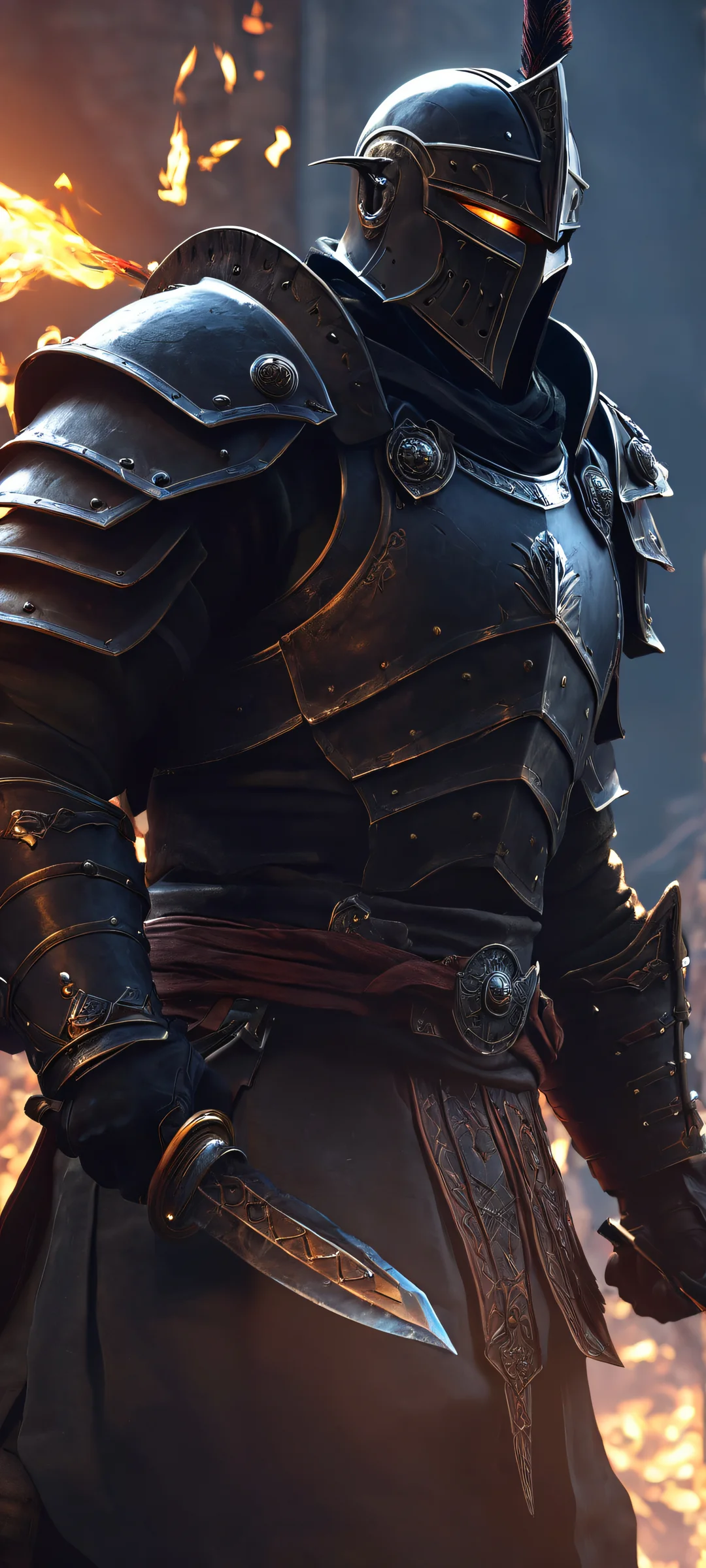 Epic dark fantasy scene of a fallen warrior on an iPhone/Android mobile phone wallpaper