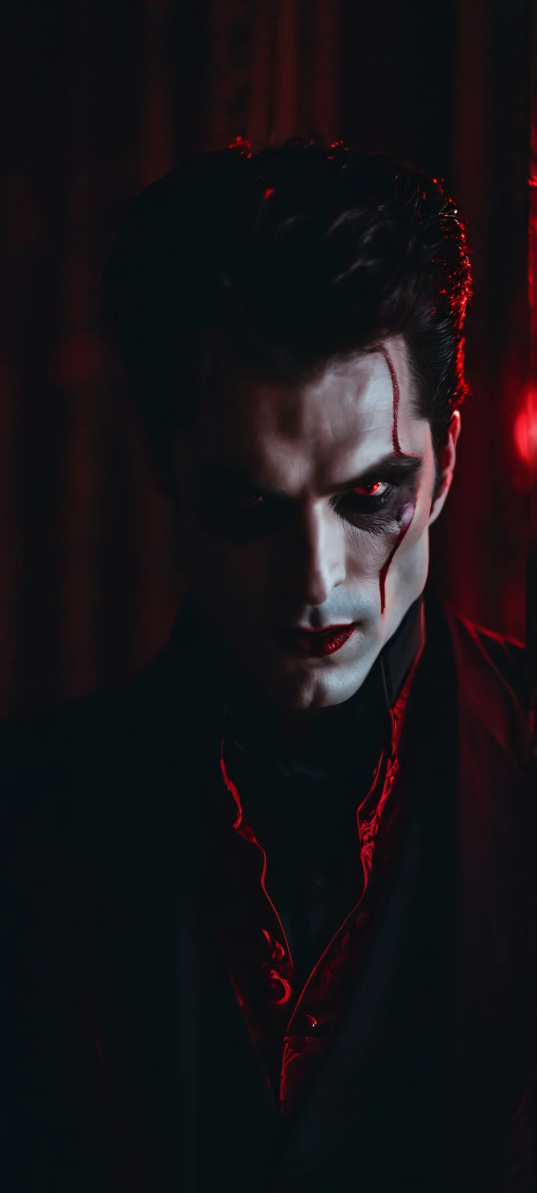 A haunting portrait of the Vampire Lord, set against a dark background with hints of blood red and dark gray. Perfectly suited for iPhone/Android home screens.