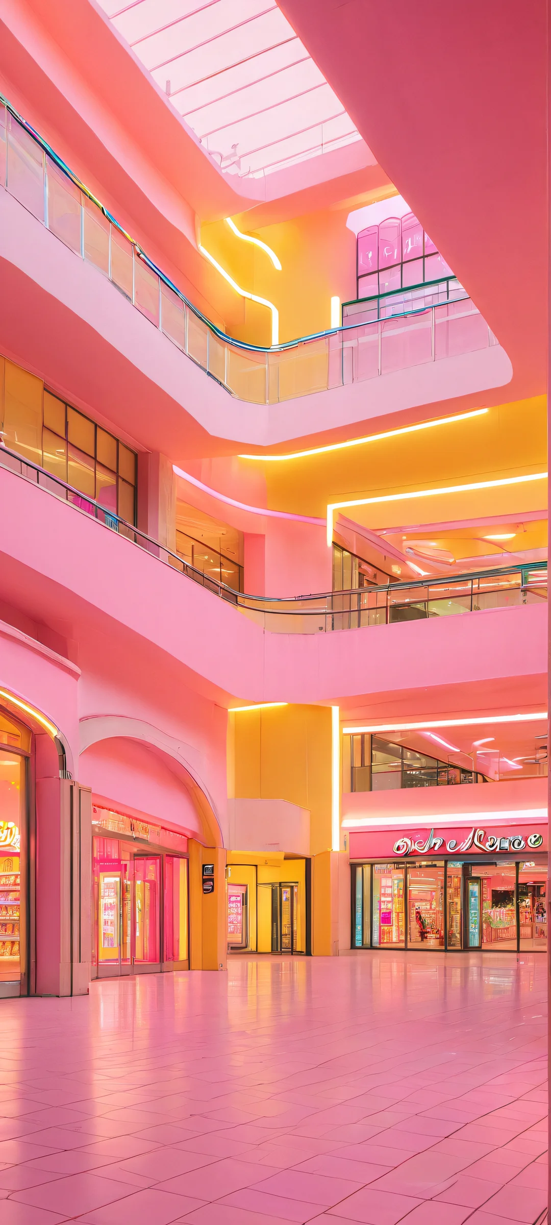 A dimly lit abandoned shopping mall at night, bathed in pastel neon lights, perfectly optimized for iPhone and Android home screens.