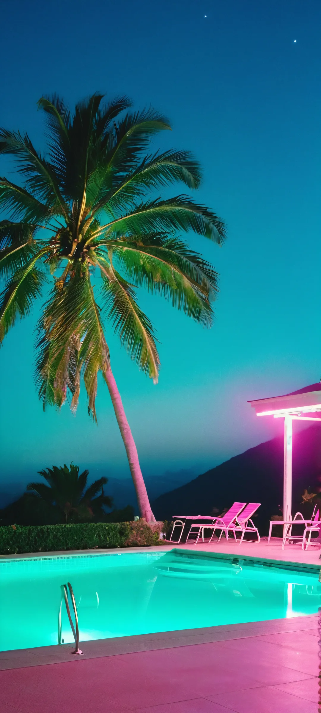 A mesmerizing poolside scene at night, featuring electric blue and hot pink hues against a neon green backdrop, perfectly optimized for iPhone and Android home screens.