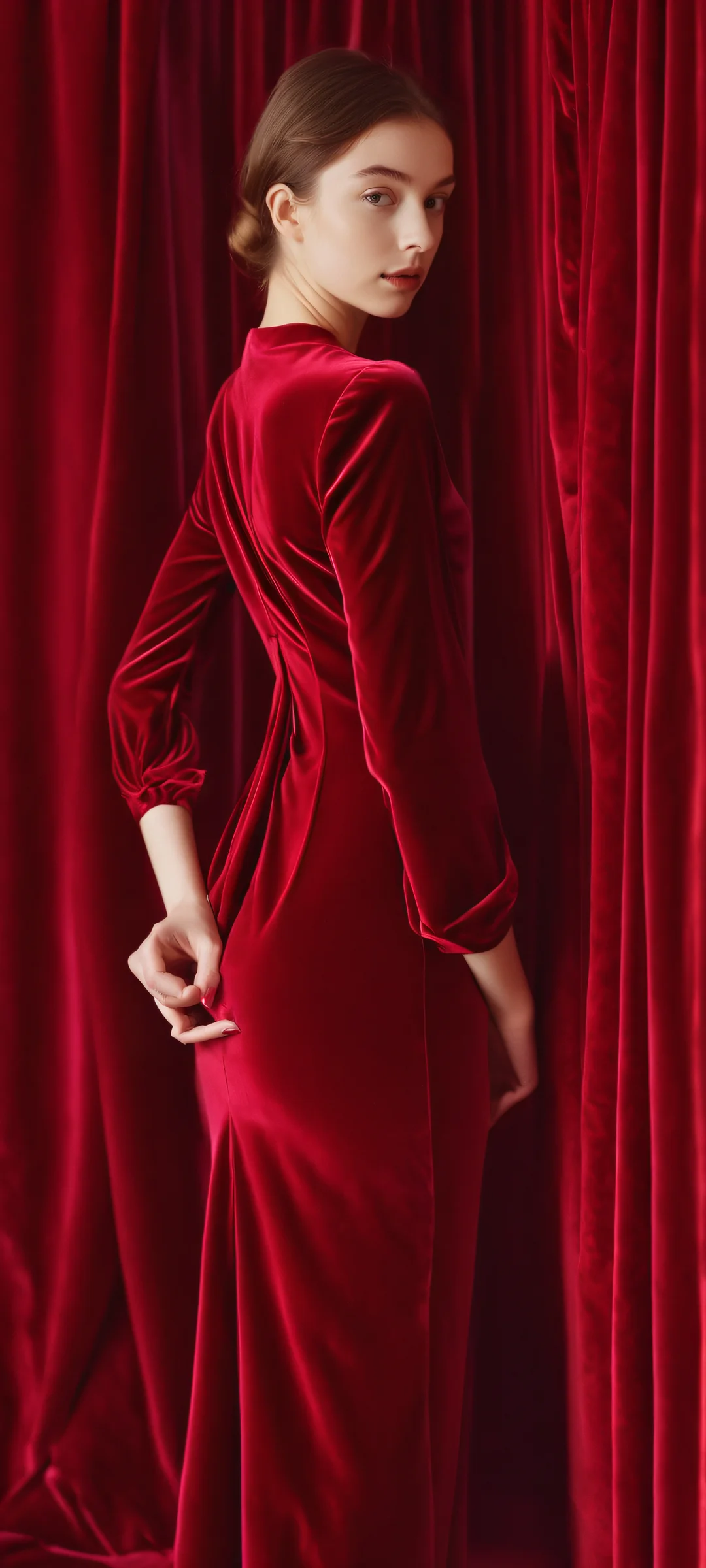 iPhone and Android mobile phone wallpaper featuring girls in velvet fabric folds with a soft glow. Rich red and deep berry tones come alive on your home screen.