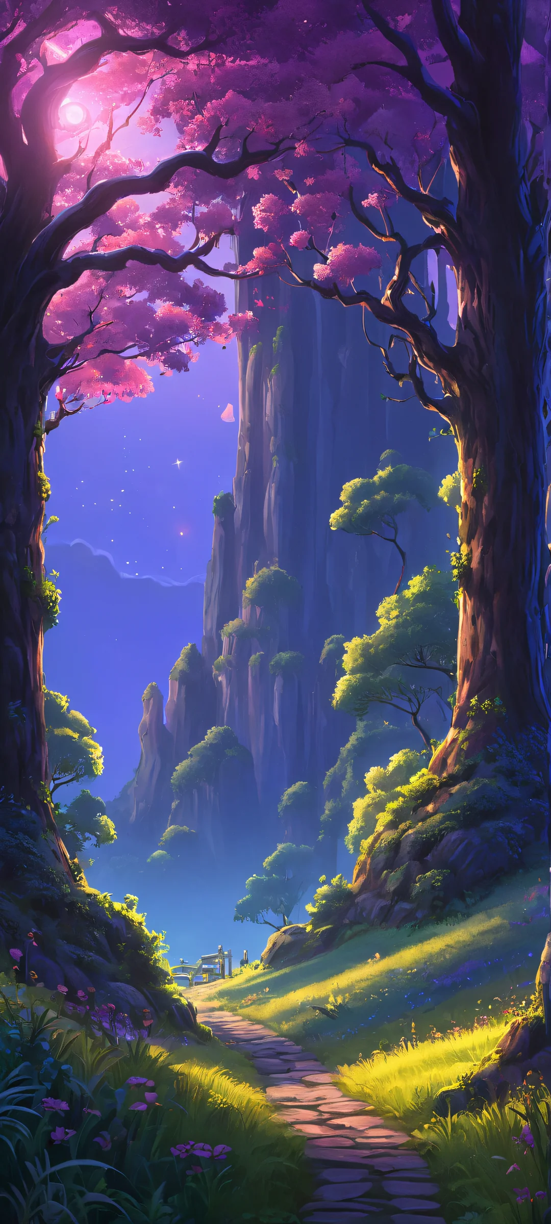 Ethereal twilight landscape on iPhone/Android featuring mystical trees and a glowing celestial body