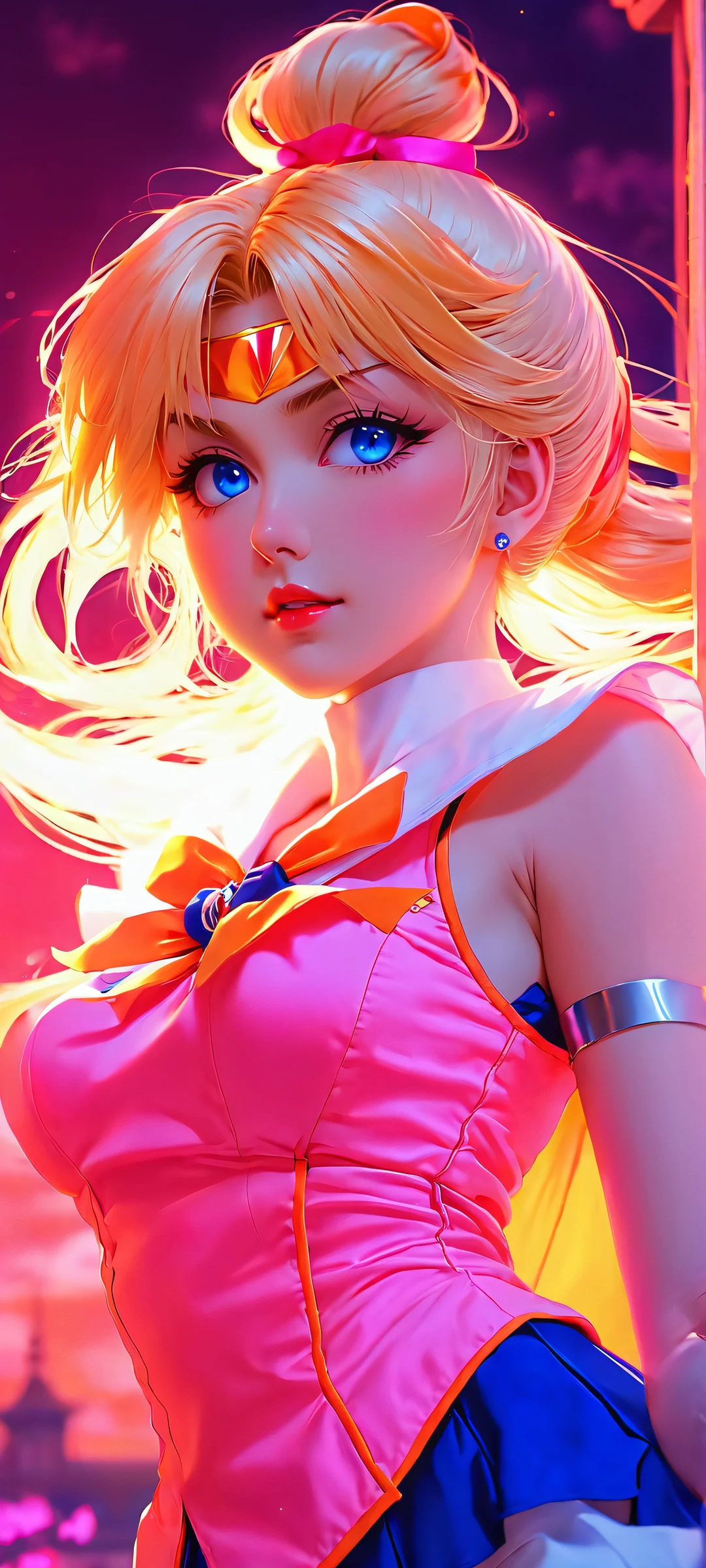 Sailor Venus shines bright on iPhone and Android screens with electric blue and neon pink glow.