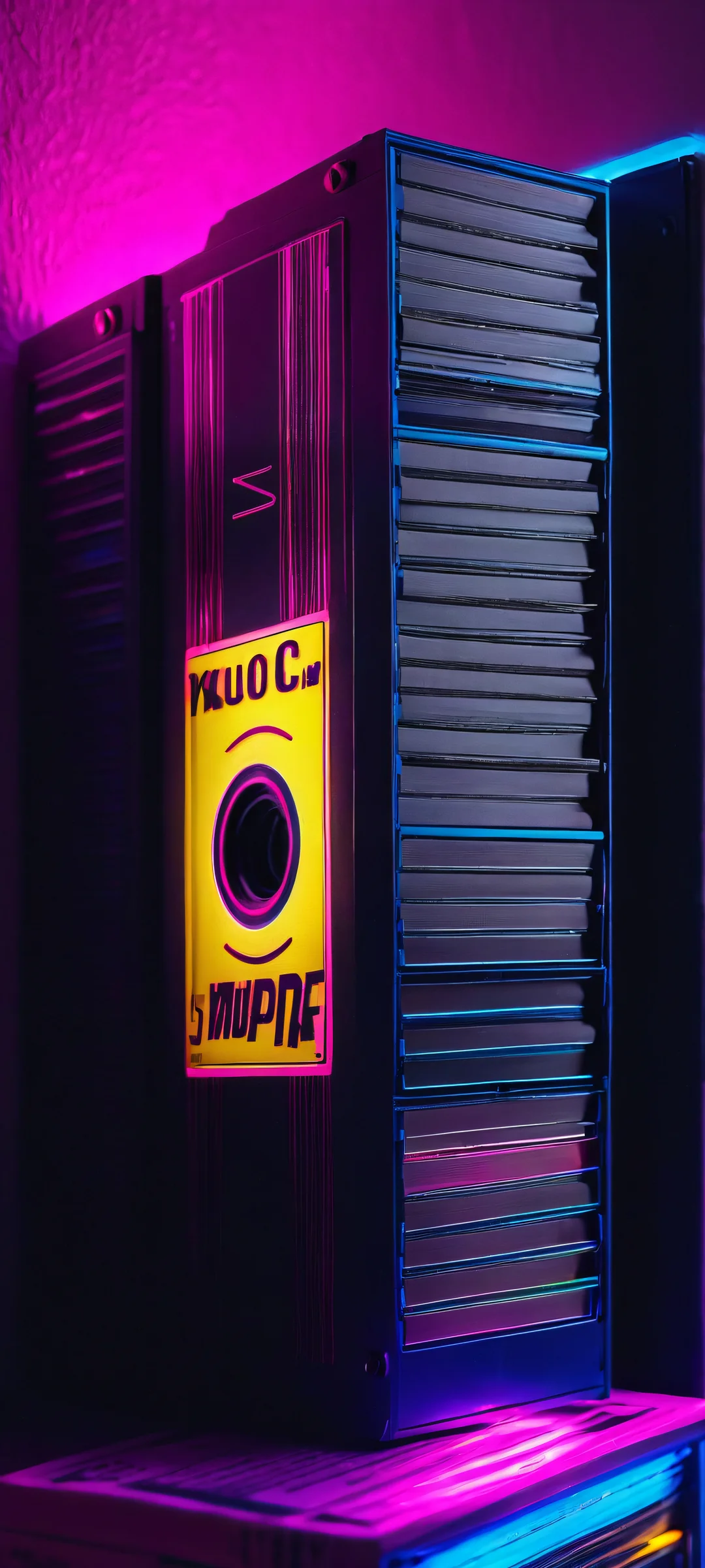 VHS Revival 2K Mobile Background A neon-lit VHS tape storage unit, glowing bright pink, blue, and yellow on an iPhone or Android home screen.