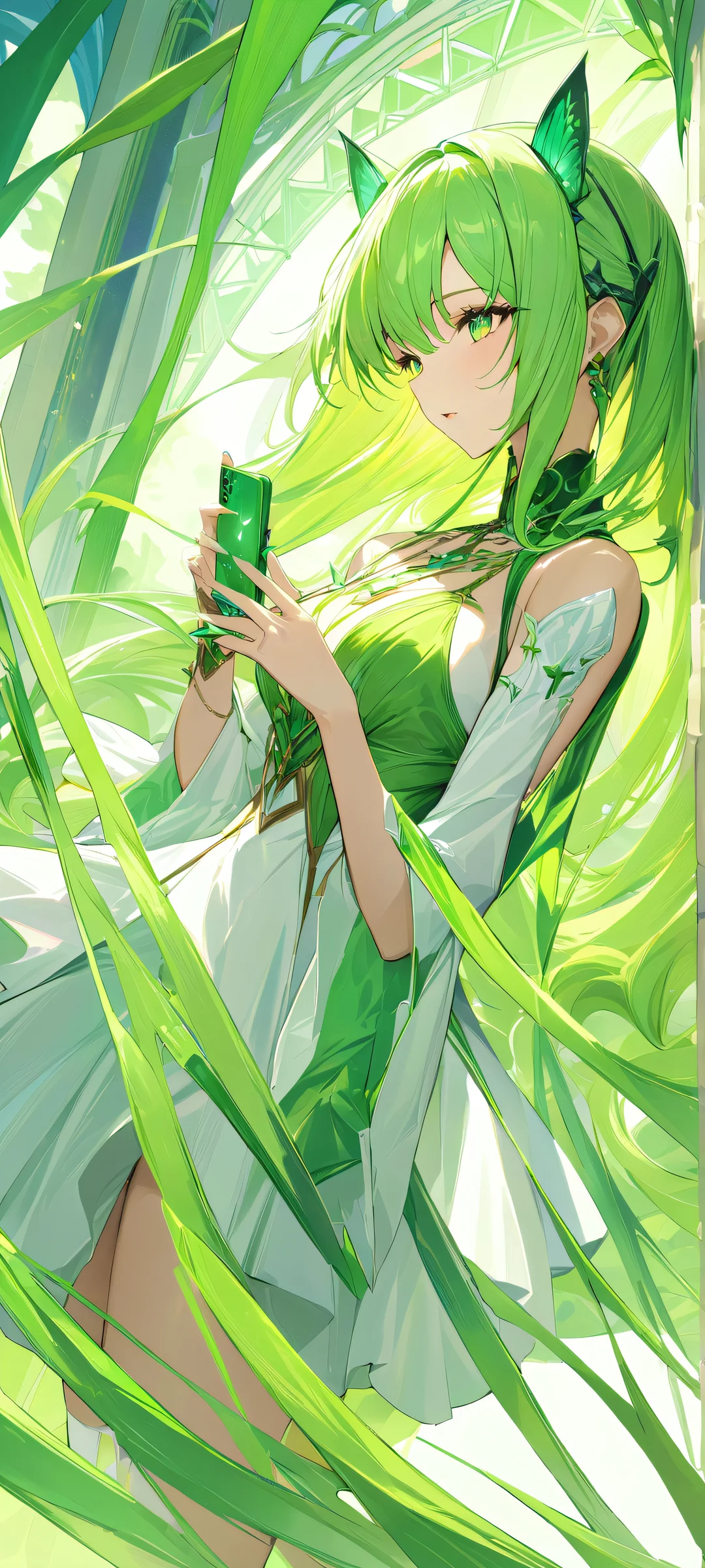 A stunning vertical mobile wallpaper of a mystical being with vibrant green hair, perfectly suited for iPhone and Android devices.