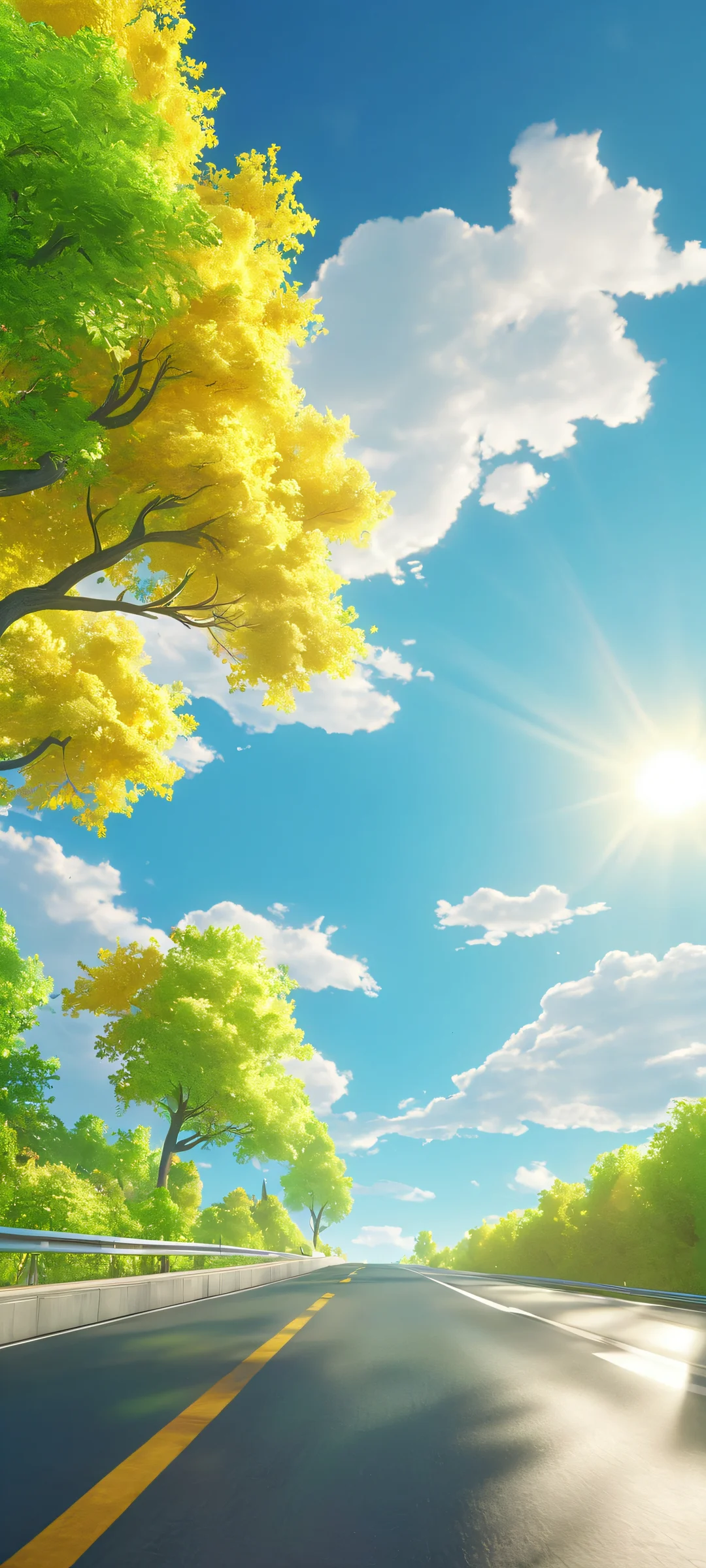 Vibrant Highway Sunset 2K QHD Mobile Wallpaper A stunning iPhone and Android mobile wallpaper featuring a driving highway with trees, sky, and clouds, perfect for your phone's home screen.