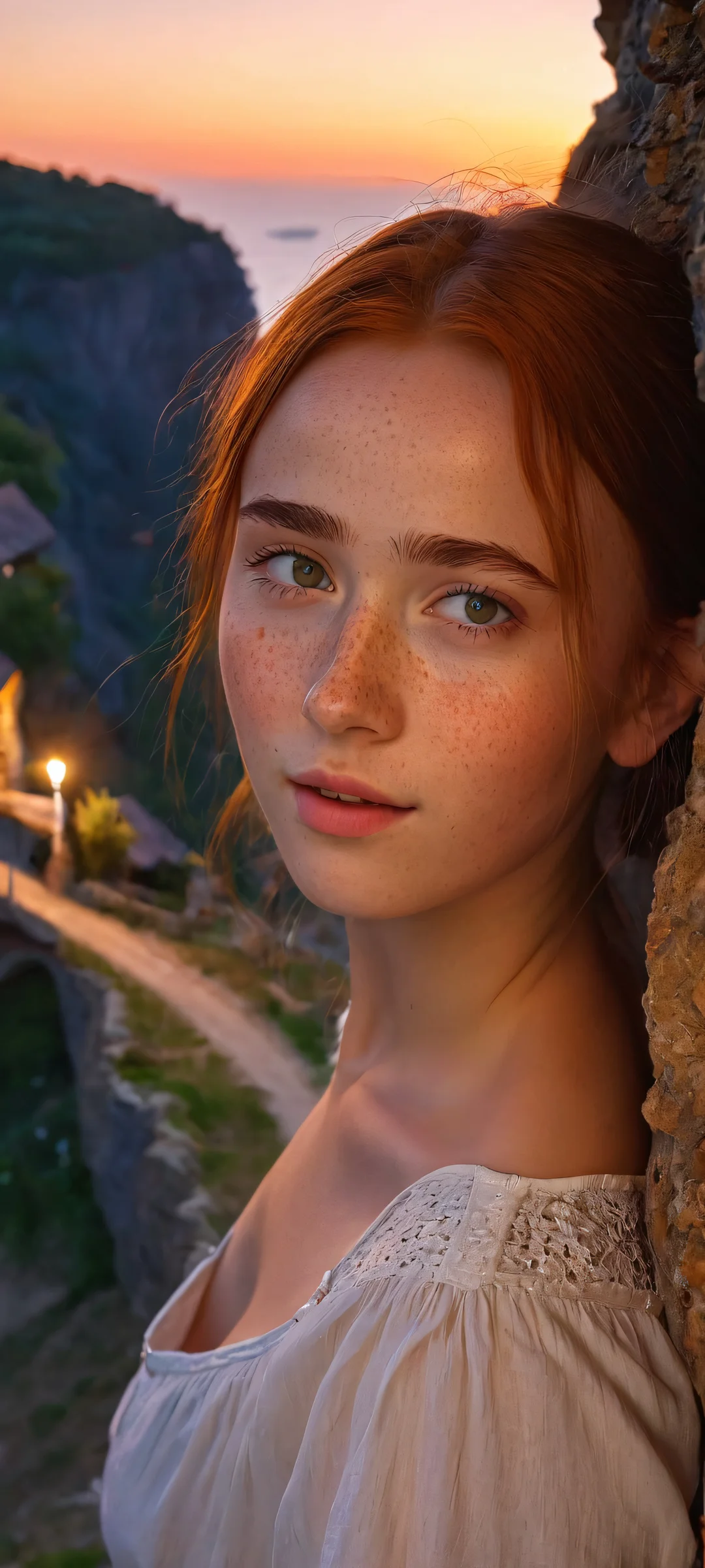 Girl with freckles standing by a cliff at night, lit by tunnel lighting. Perfect for iPhone and Android home screens.