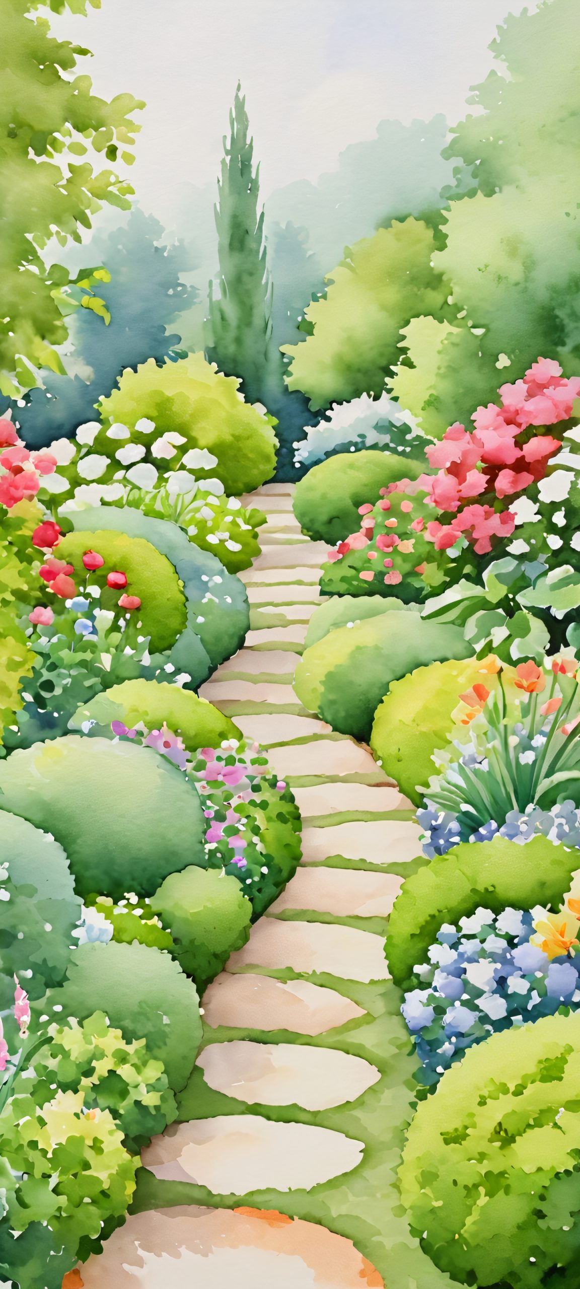 A beautiful watercolor garden path scene perfectly suited for iPhone and Android home screens.