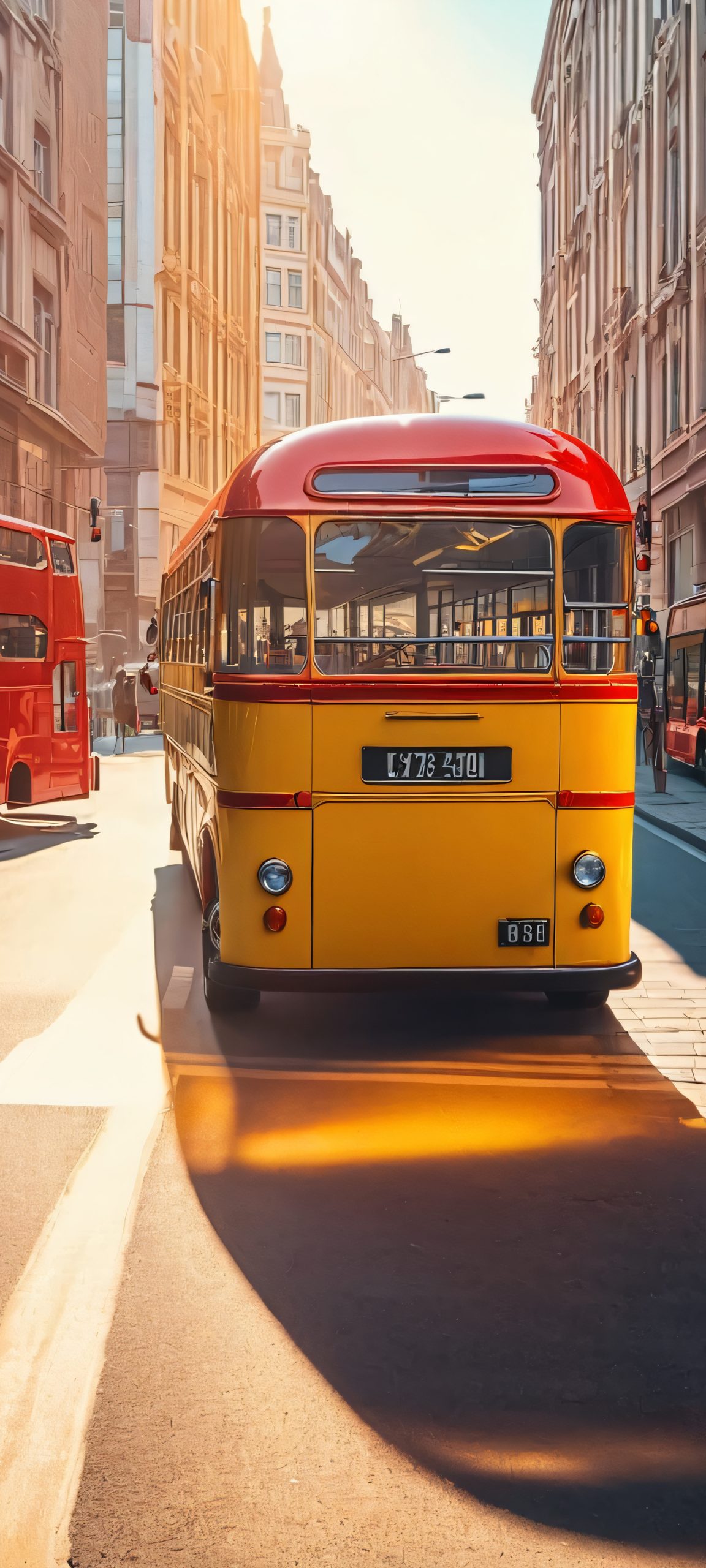 Vintage Bus iPhone and Android Wallpaper: Illustrative City Street Scene with Warm Yellow and Deep Red Hues