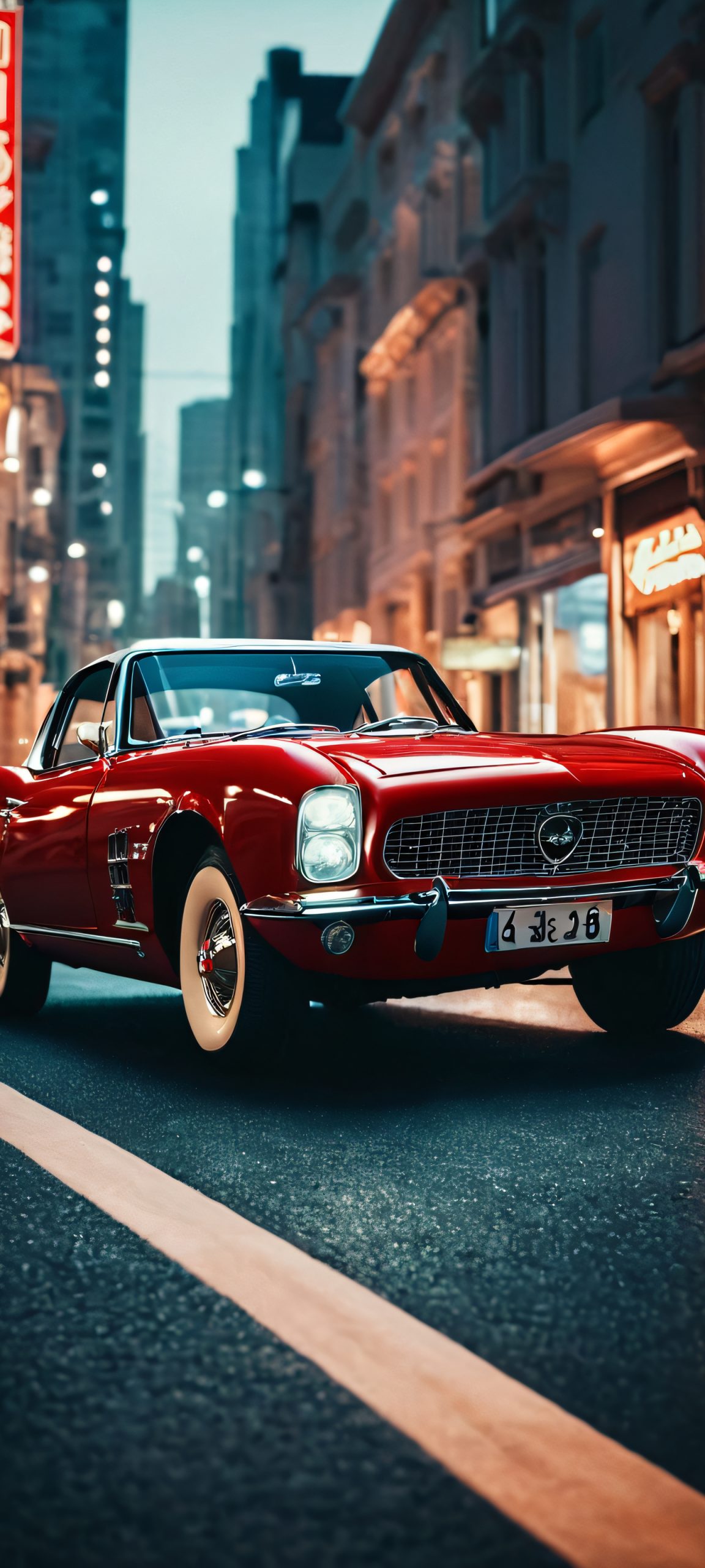 A stunning vintage car parked under the city lights at night. Perfectly suited for iPhone and Android home screens.