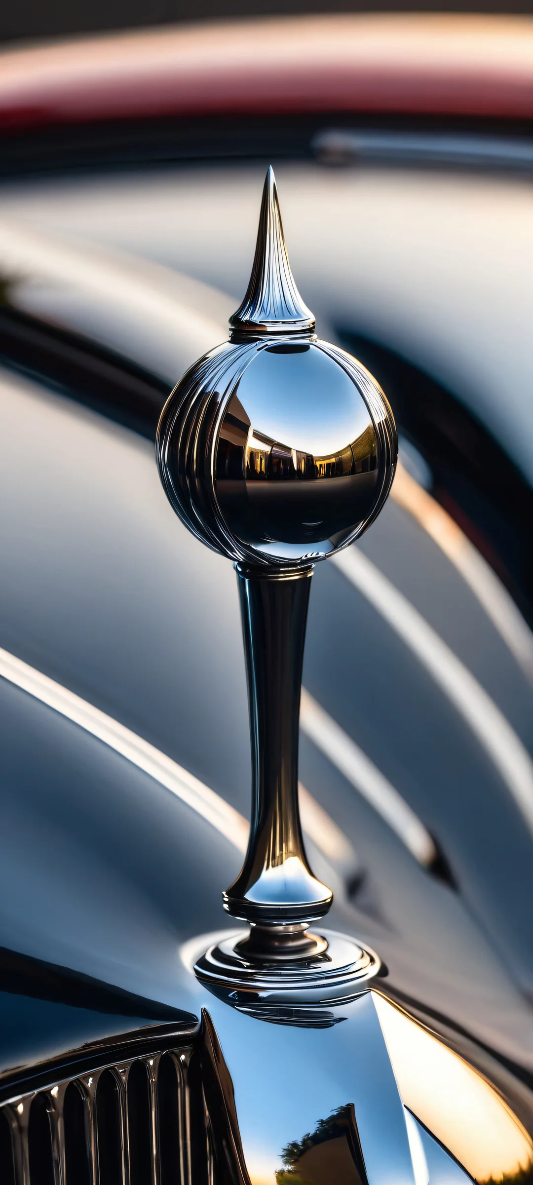 A stunning iPhone/Android wallpaper featuring a macro shot of a vintage car hood ornament in dark vertical composition, perfect for your mobile home screen.