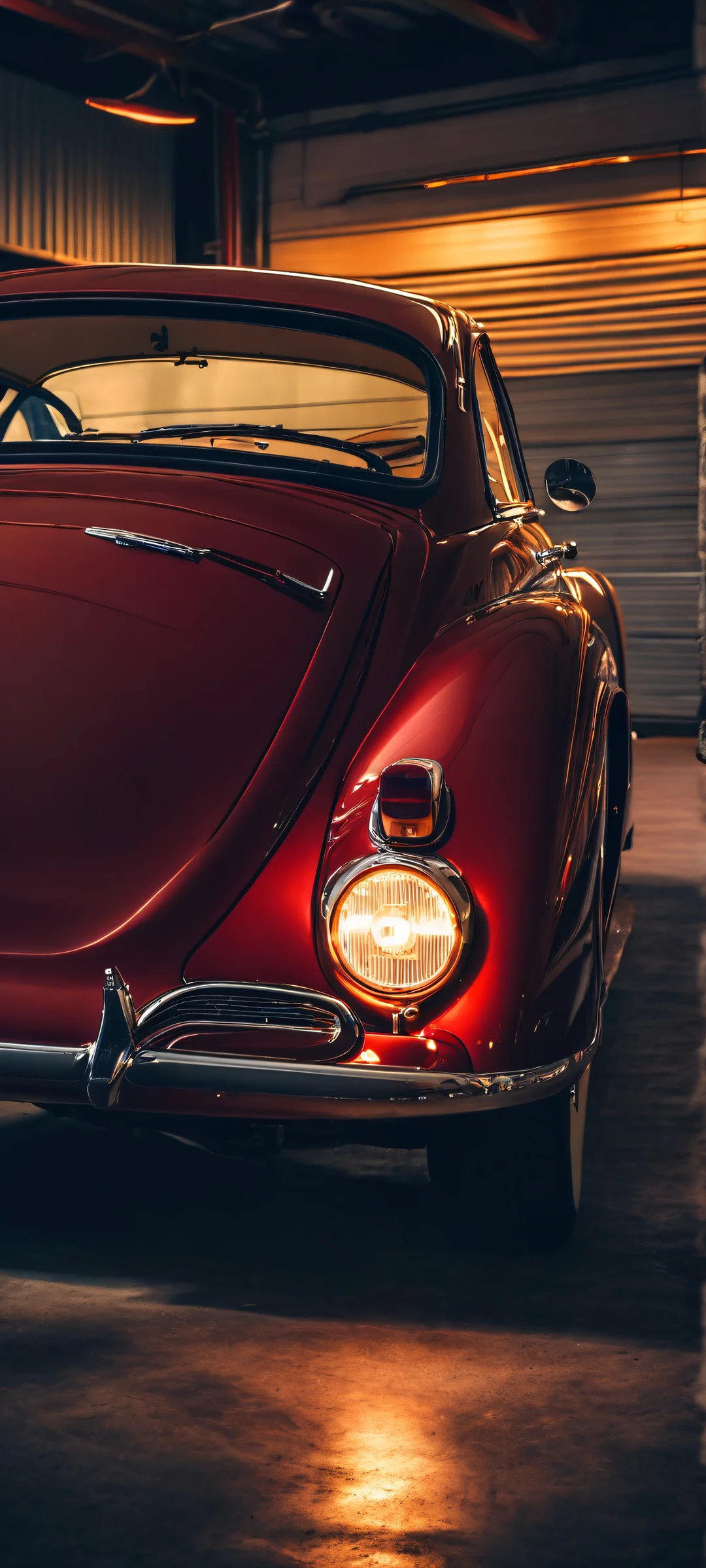Elegant vintage car in a moody garage setting, perfectly lit for an iPhone or Android phone. This masterpiece is optimized for your mobile home screen.
