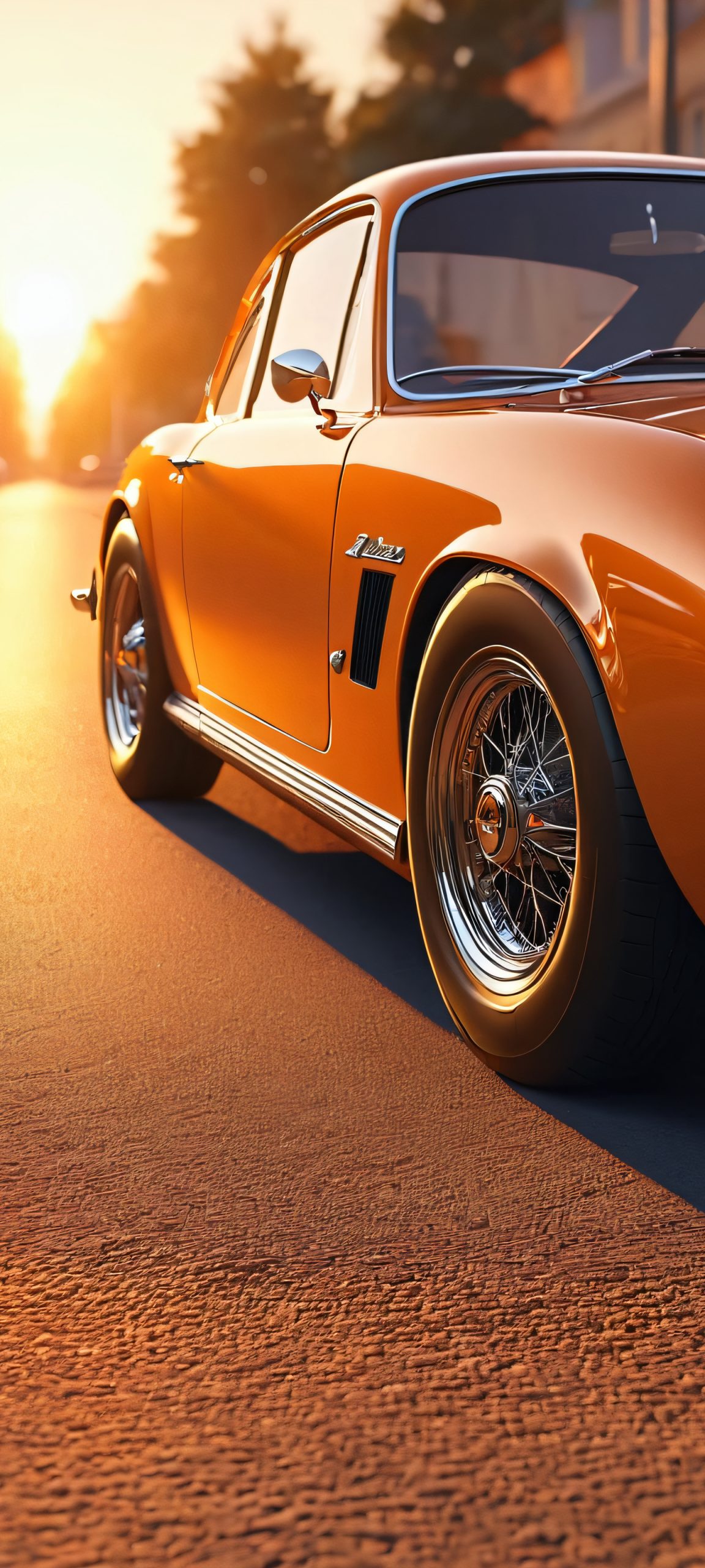 iPhone and Android mobile phone wallpaper featuring vintage cars on asphalt during the golden hour, with warm orange and brown hues.