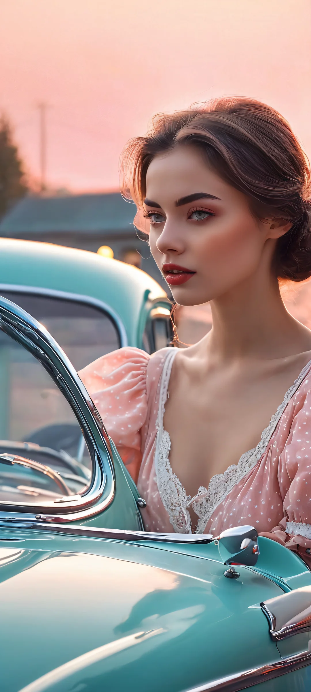 A beautiful vintage car and a stunning girl pose together against a pastel-colored background, perfectly optimized for iPhone/Android home screens.