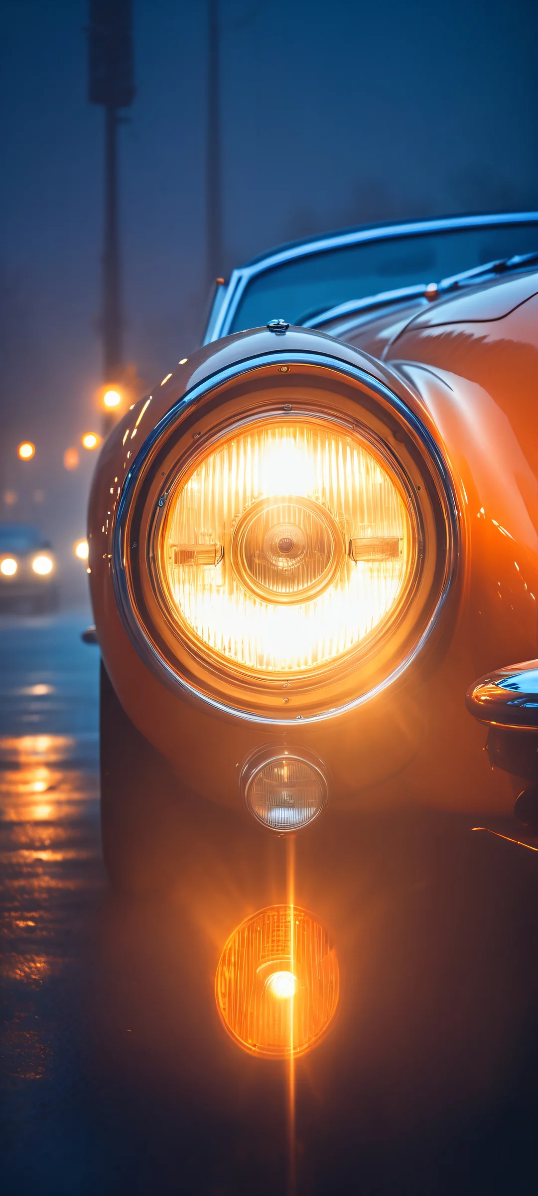 iPhone and Android users will love this breathtaking vertical mobile phone wallpaper featuring vintage car headlights shining brightly on a foggy night with warm orange and deep blue hues.