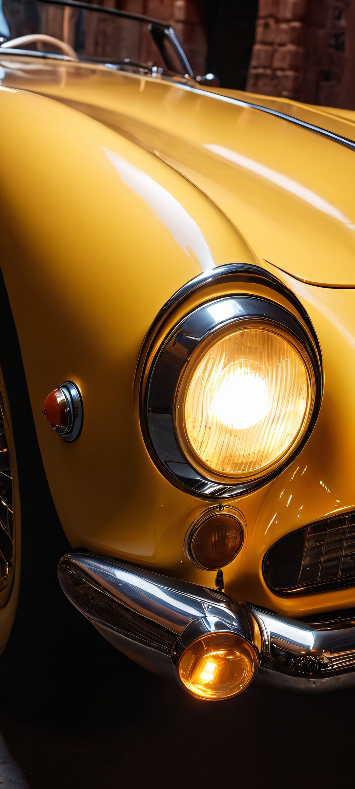 iPhone and Android users, get ready to be mesmerized by this stunning vintage car headlight shining brightly in a dark alley, perfect for your phone's home screen.