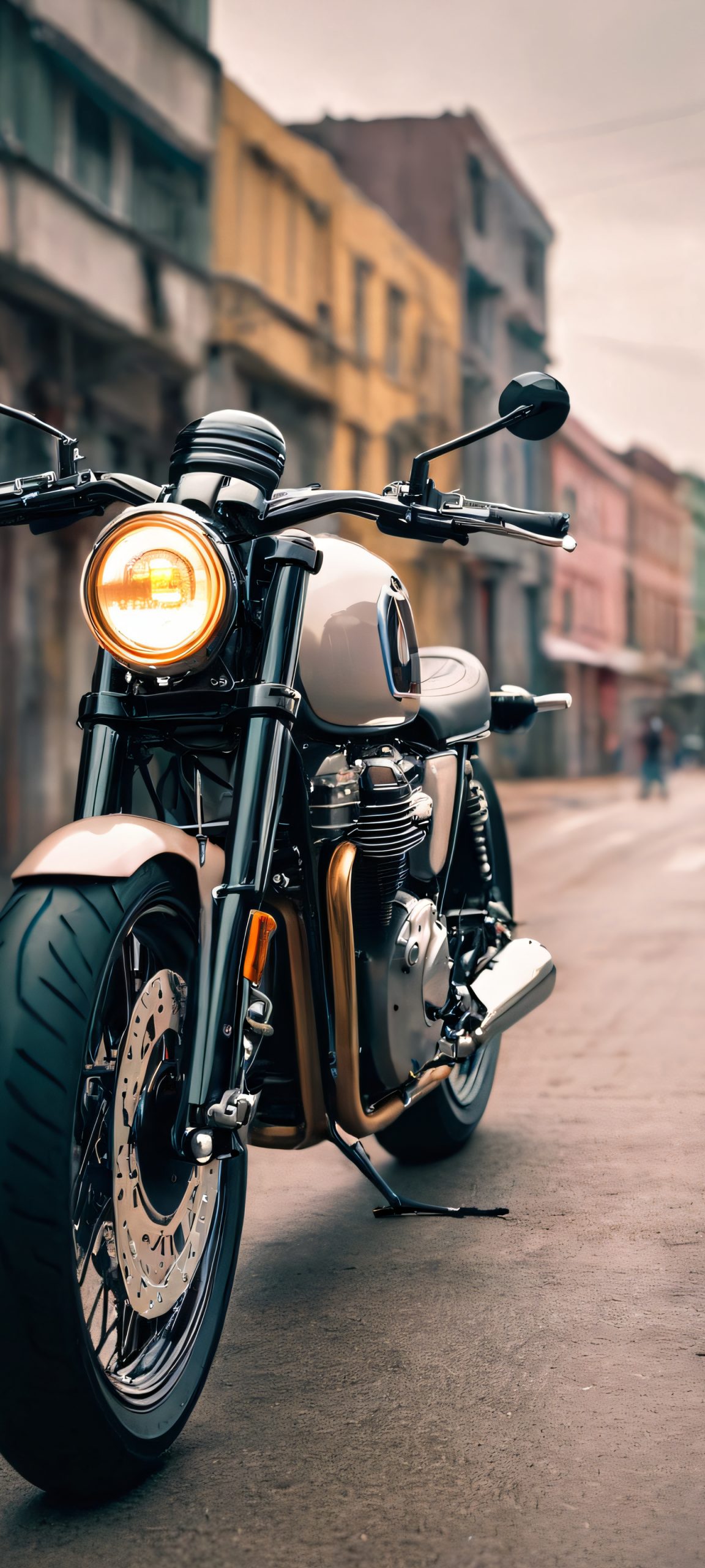 A beautifully illustrated motorcycle scene for your iPhone or Android phone, featuring a soft overcast sky and intricate details.