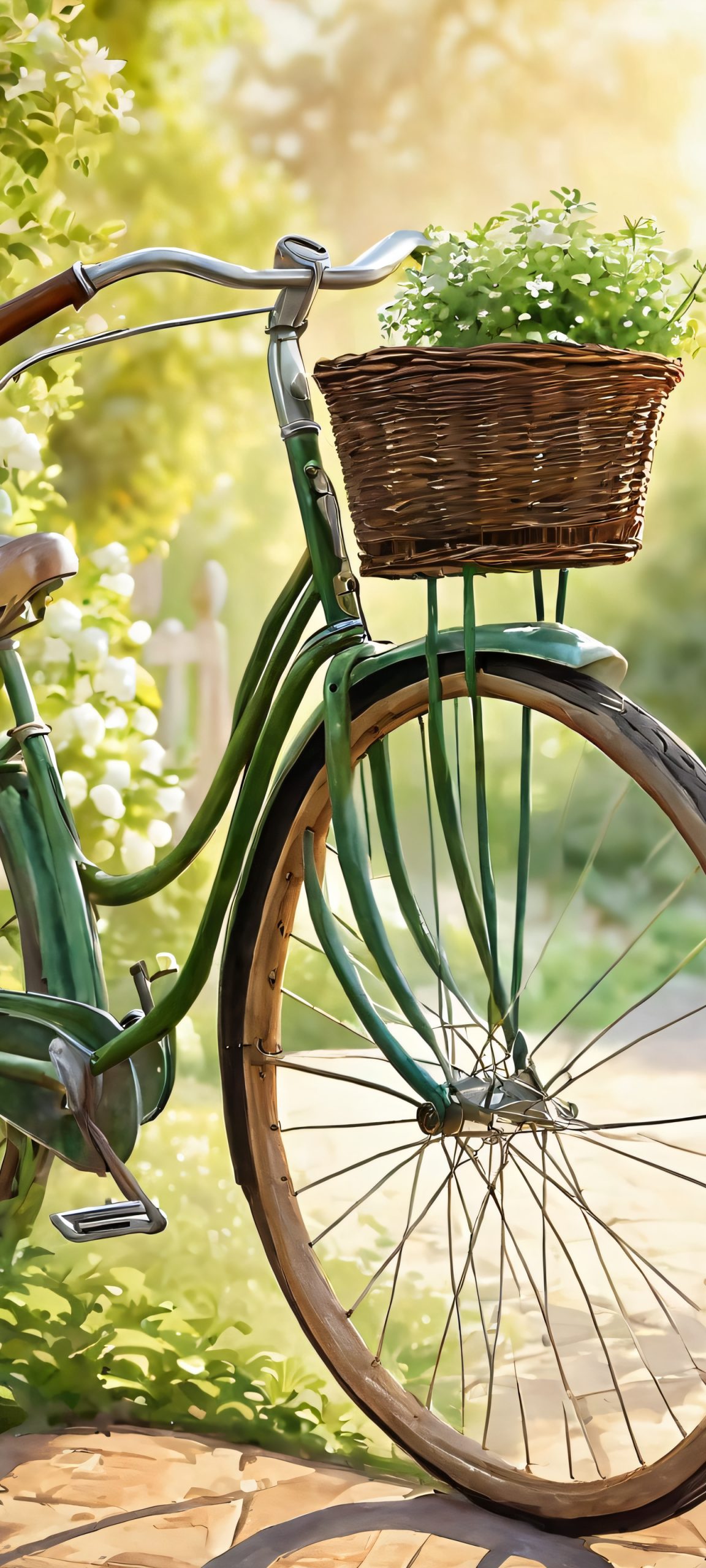 Old bicycle and rustic garden scene, perfect for iPhone/Android home screens, featuring soft morning light and earthy tones.